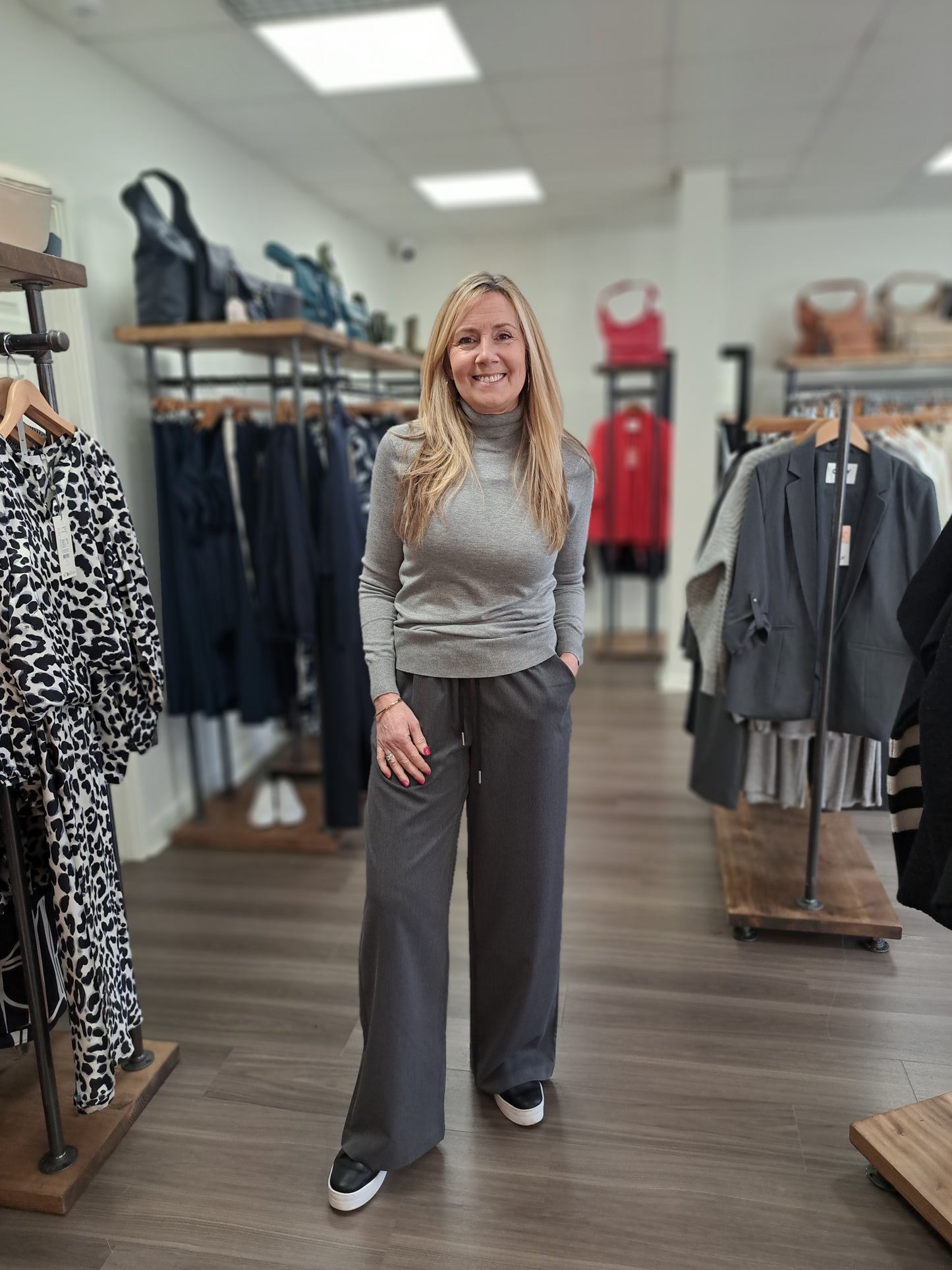 Tailored Wide Leg  Trouser - Grey with Black Satin Waistband