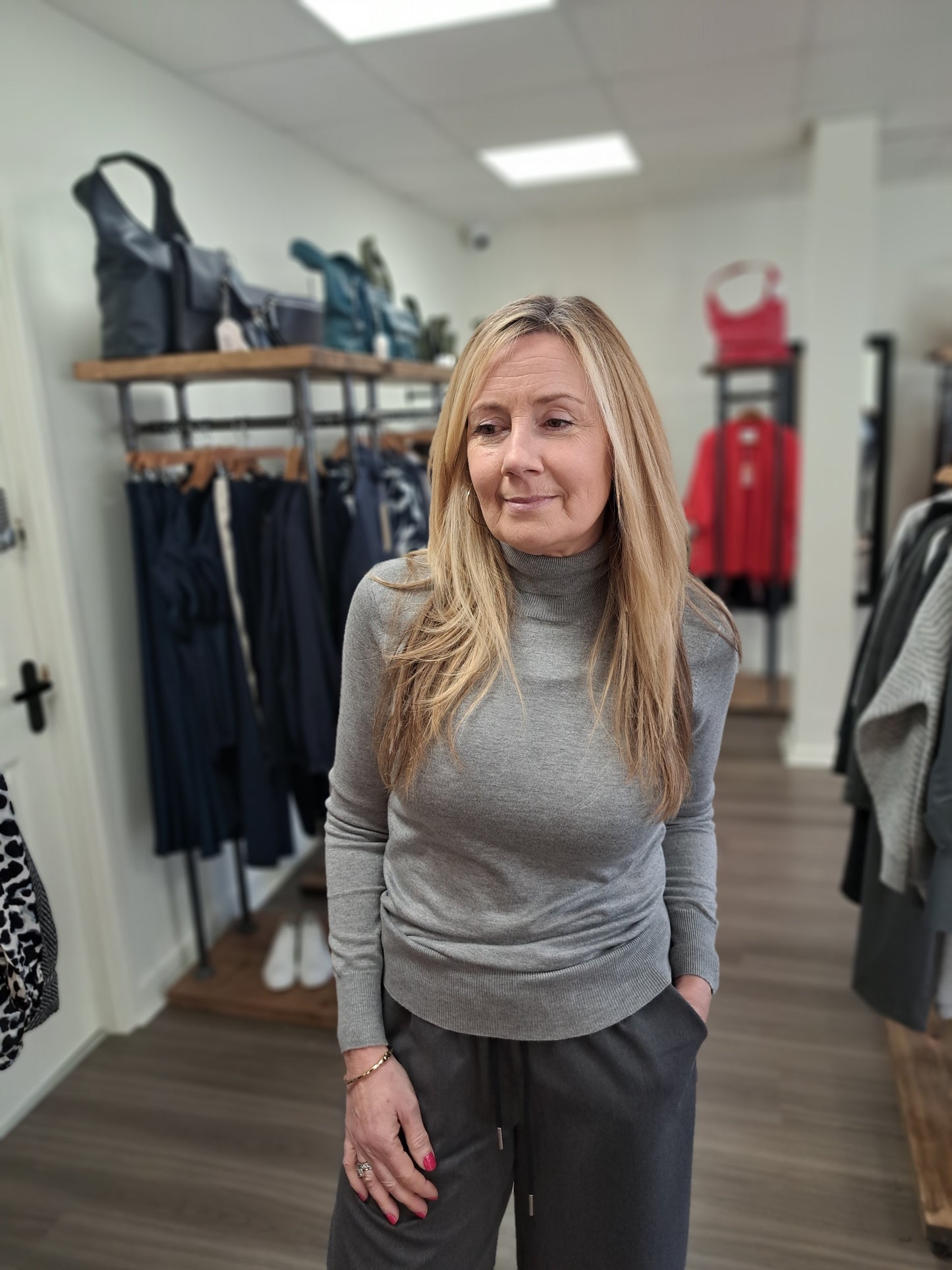 Long Sleeve Fine Knit Polo Neck - Black, Grey or Tan