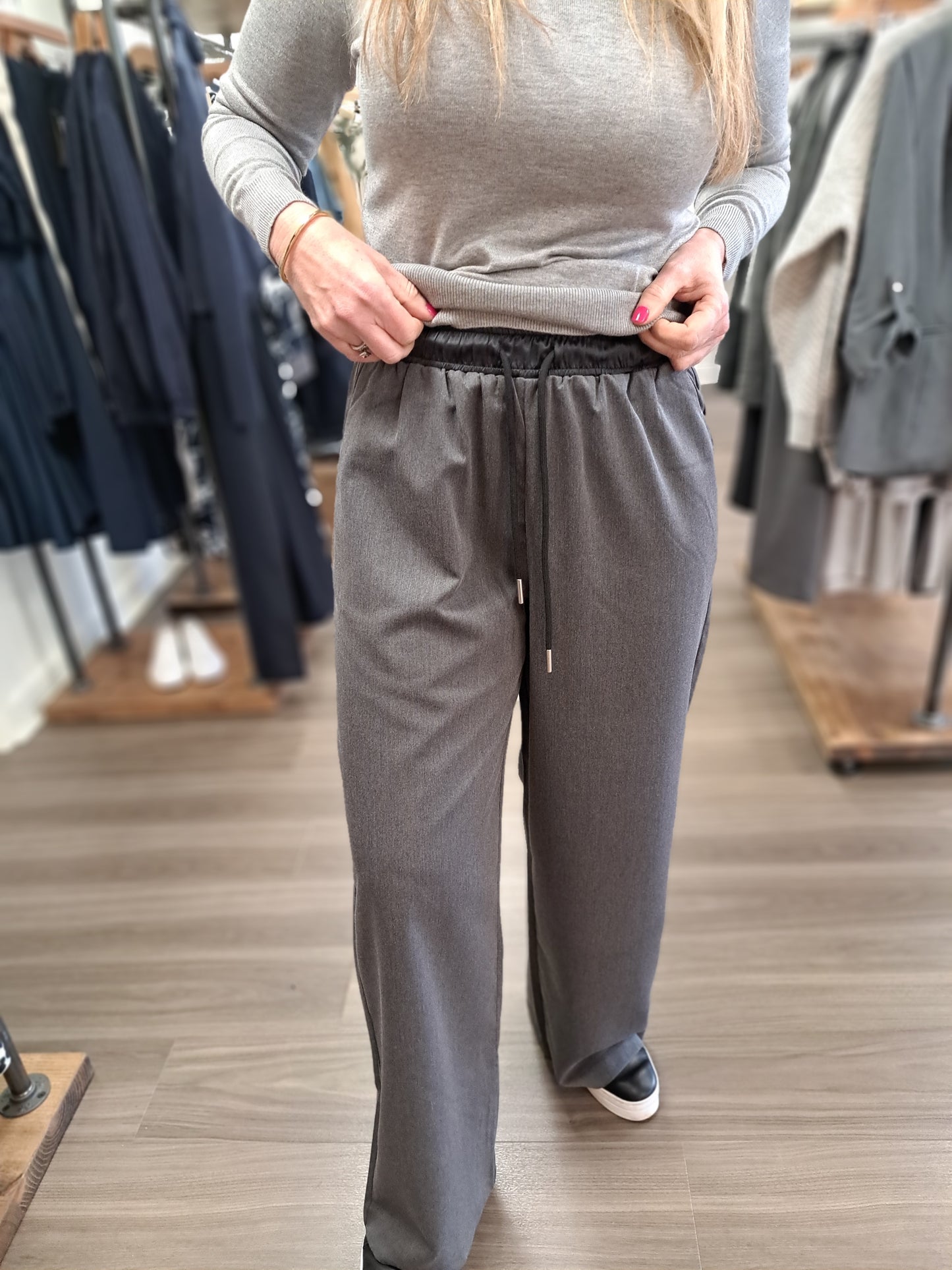 Tailored Wide Leg  Trouser - Grey with Black Satin Waistband