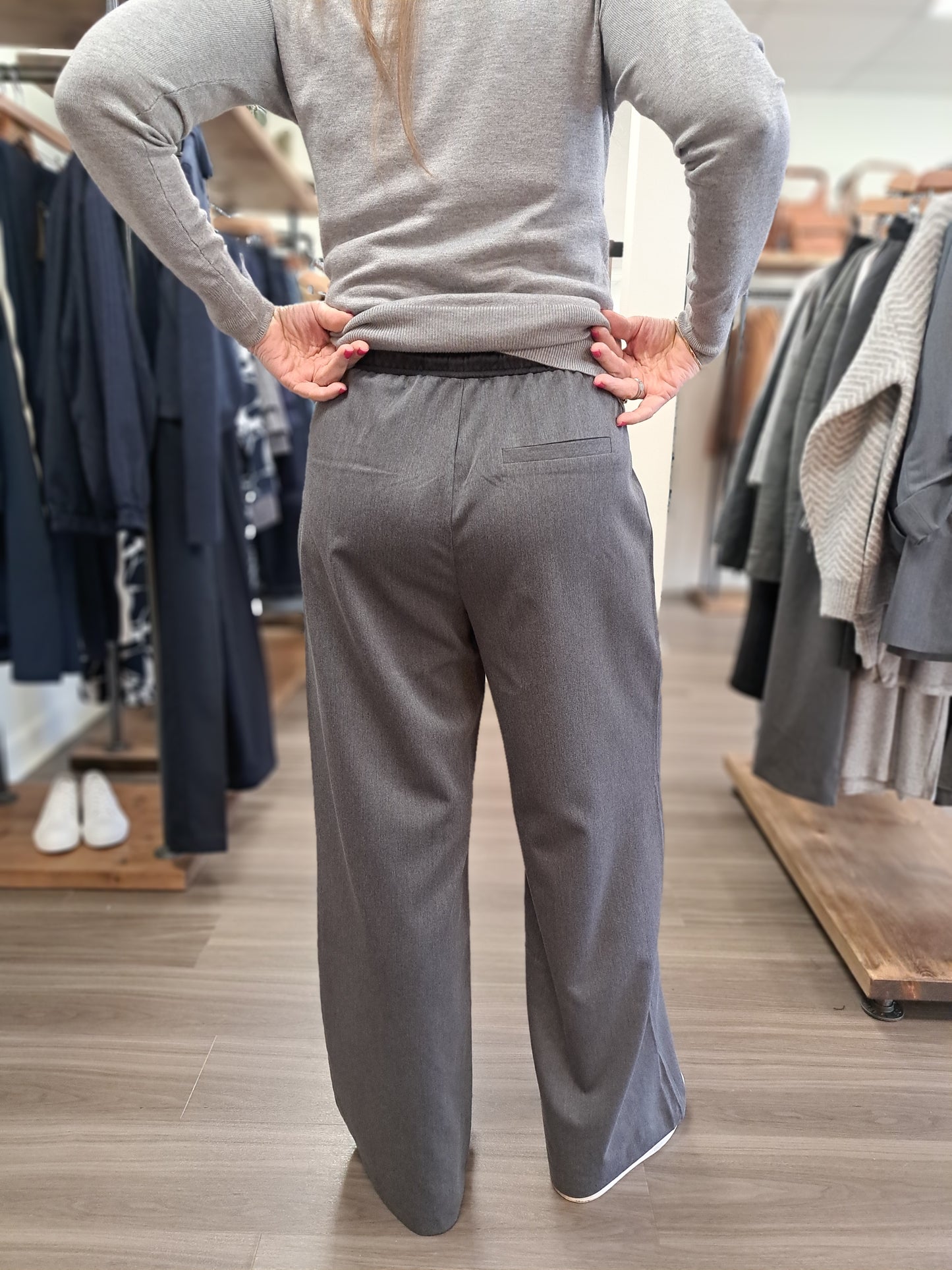 Tailored Wide Leg  Trouser - Grey with Black Satin Waistband