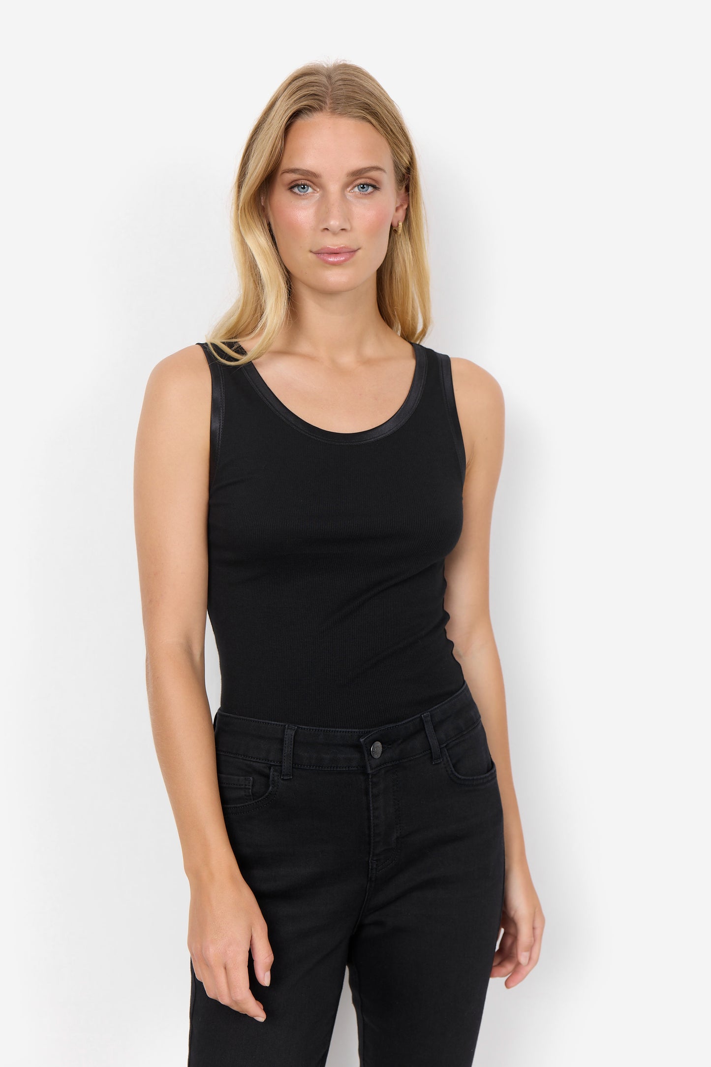 Satin Trim Ribbed Vest Top - Tan / Black / Navy
