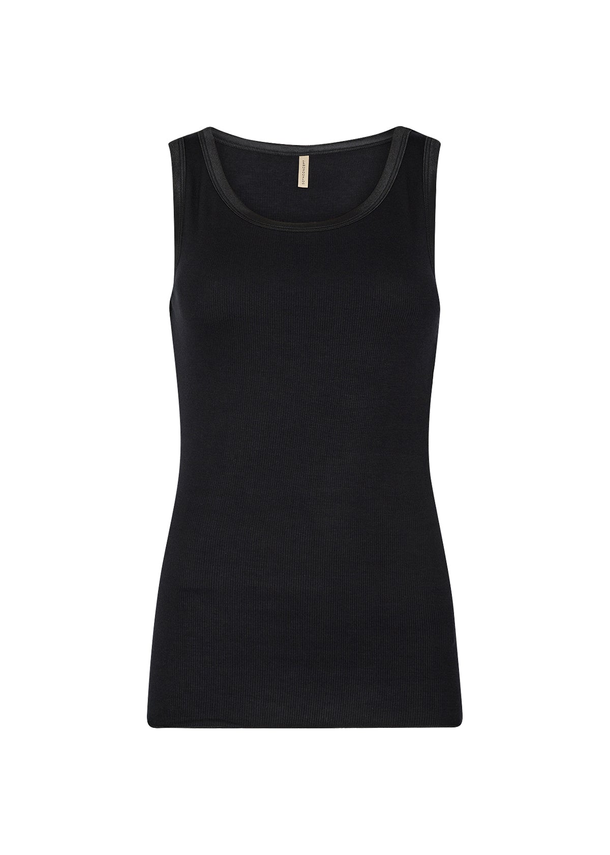 Satin Trim Ribbed Vest Top - Tan / Black / Navy