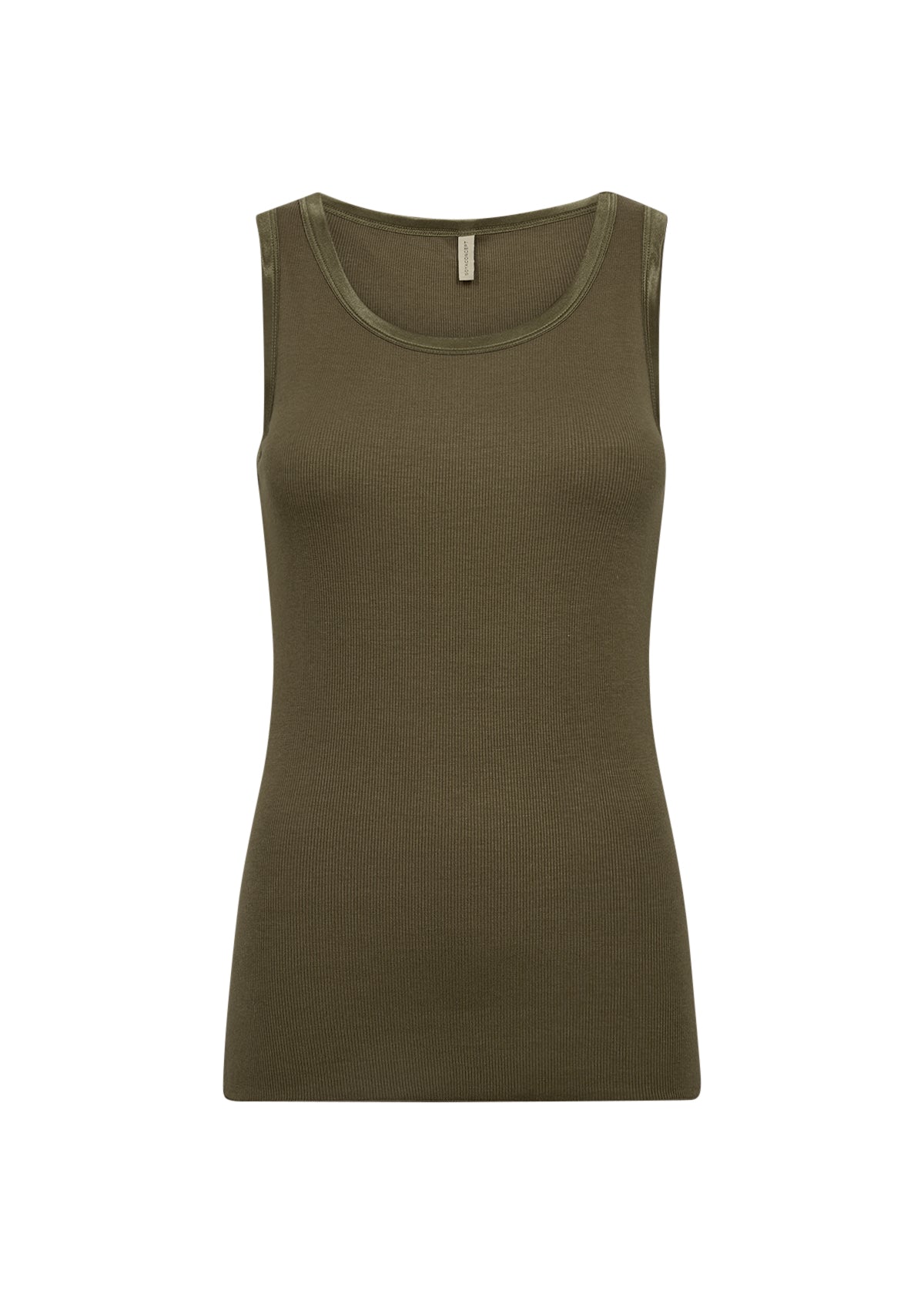 Satin Trim Ribbed Vest Top - Olive Green