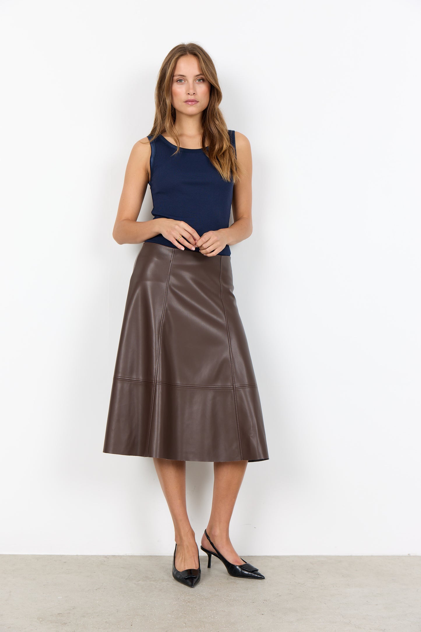 Satin Trim Ribbed Vest Top - Tan / Black / Navy