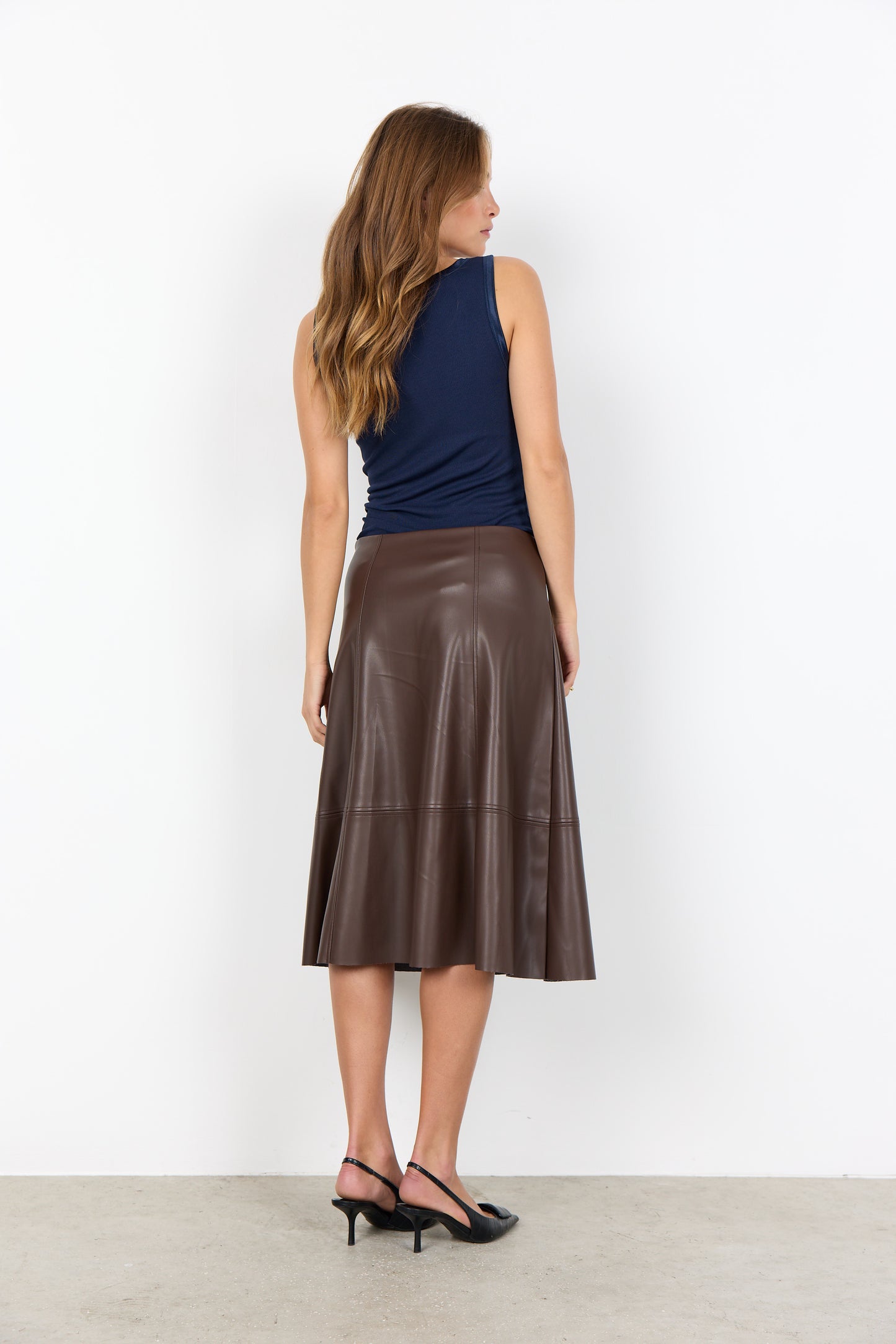 Satin Trim Ribbed Vest Top - Tan / Black / Navy