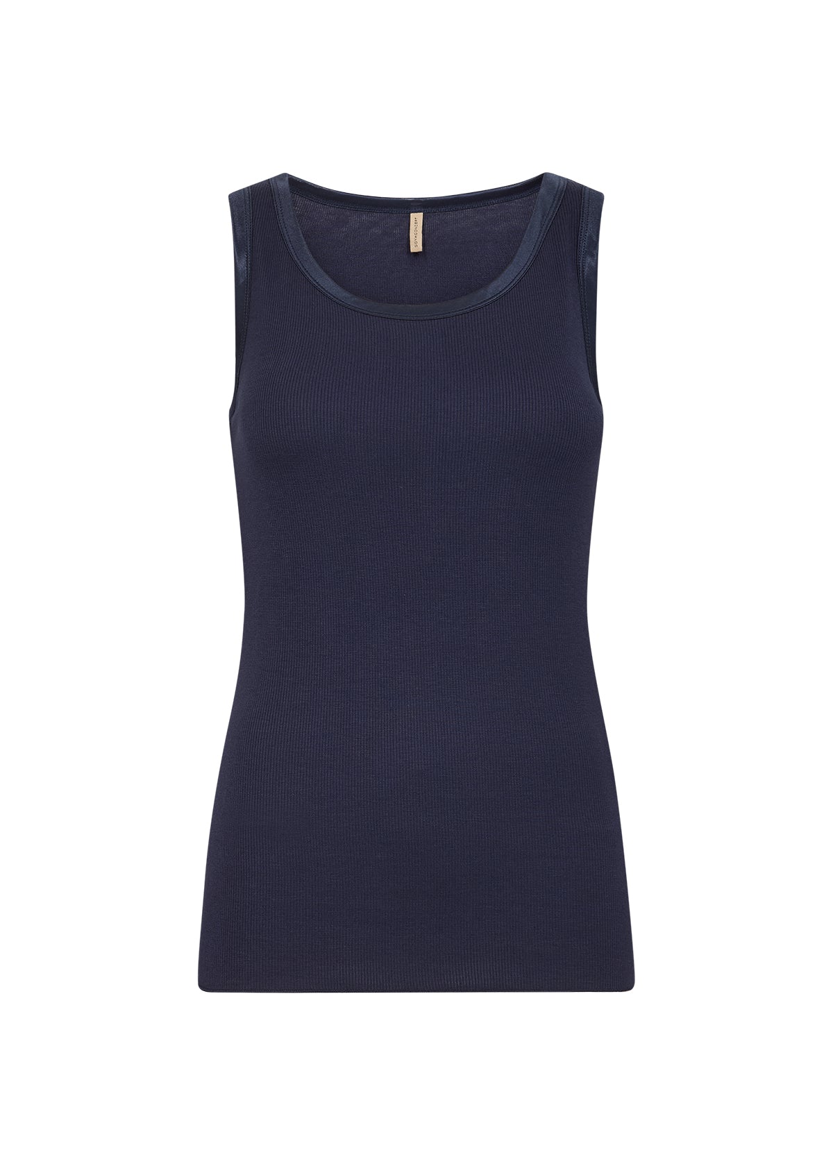 Satin Trim Ribbed Vest Top - Tan / Black / Navy