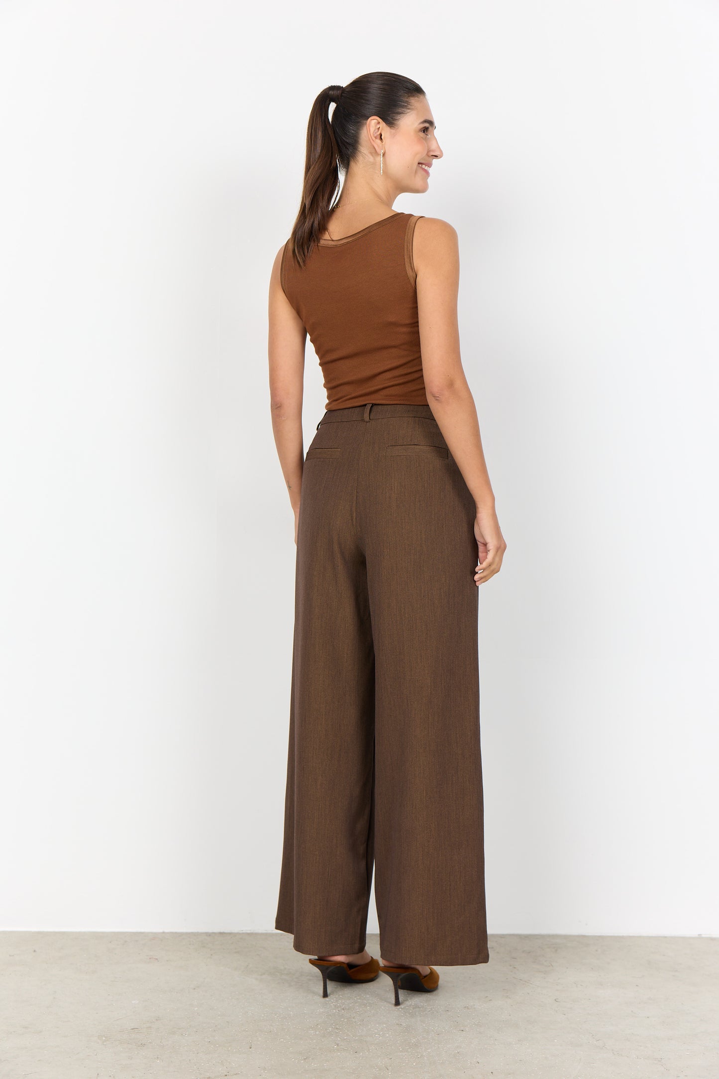 Satin Trim Ribbed Vest Top - Tan / Black / Navy