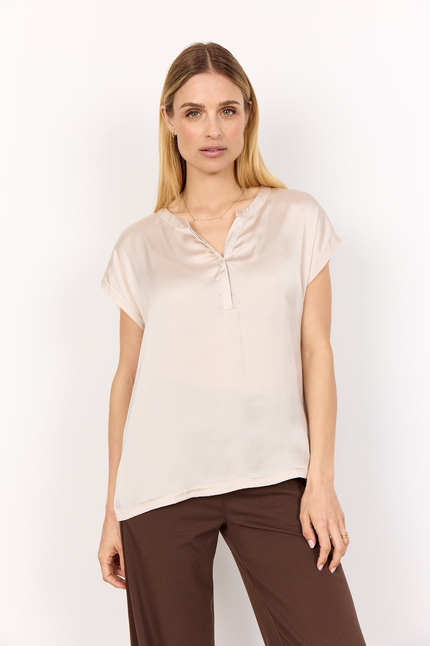 Short Sleeve Satin Top - Oyster - V Neck