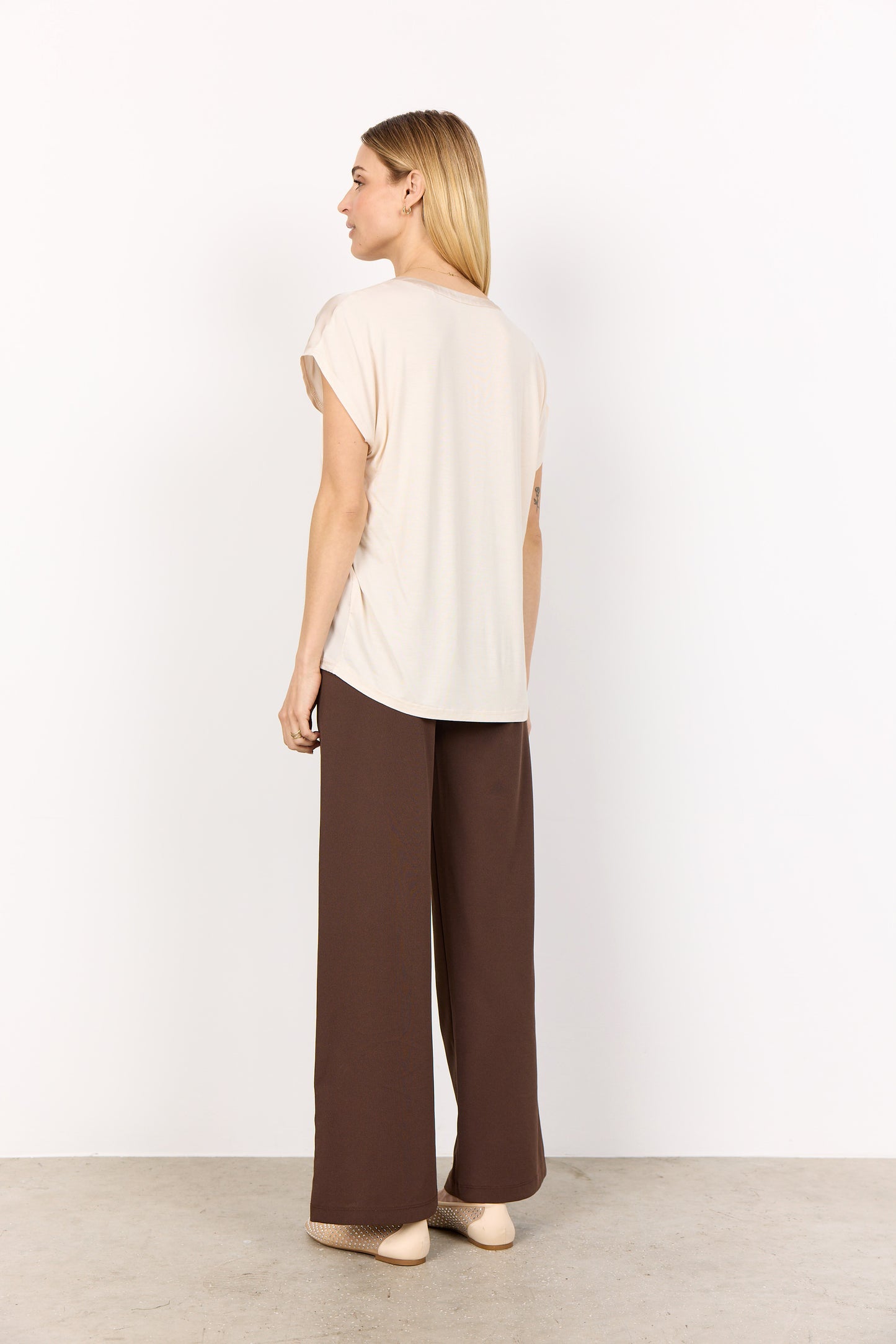 Short Sleeve Satin Top - Oyster - V Neck