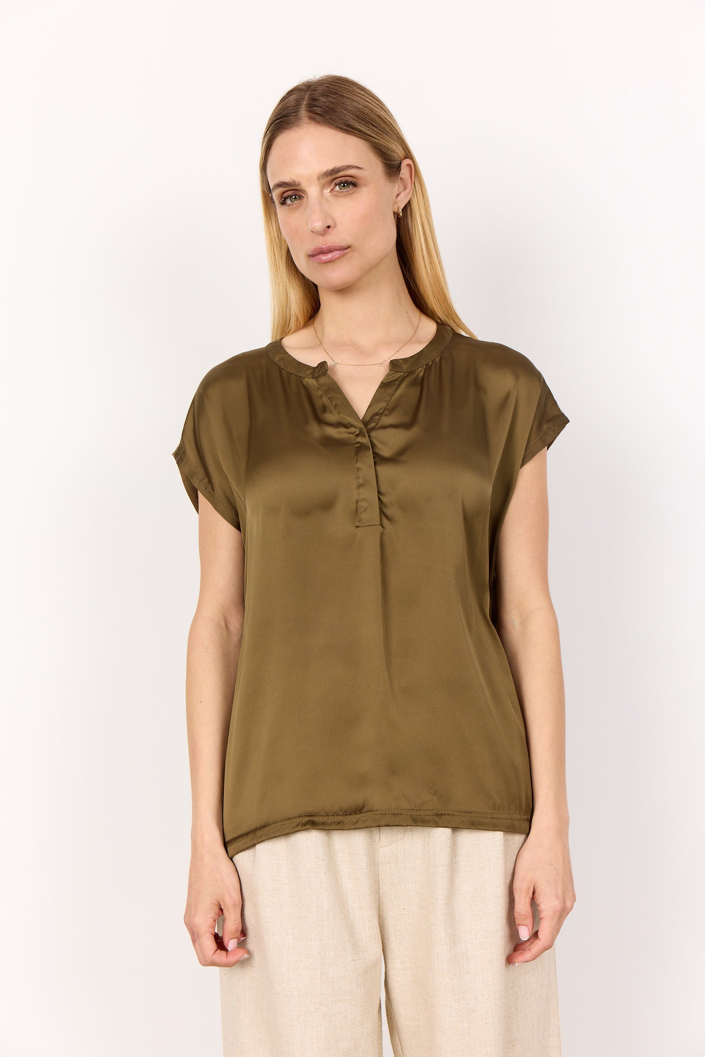 Short Sleeve Satin Top - Olive Green - V Neck
