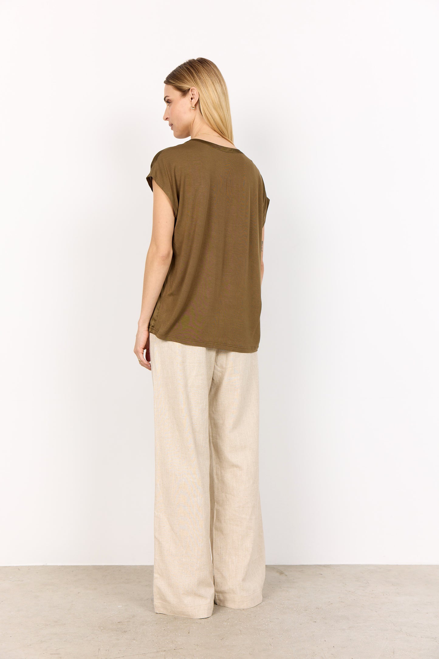 Short Sleeve Satin Top - Olive Green - V Neck