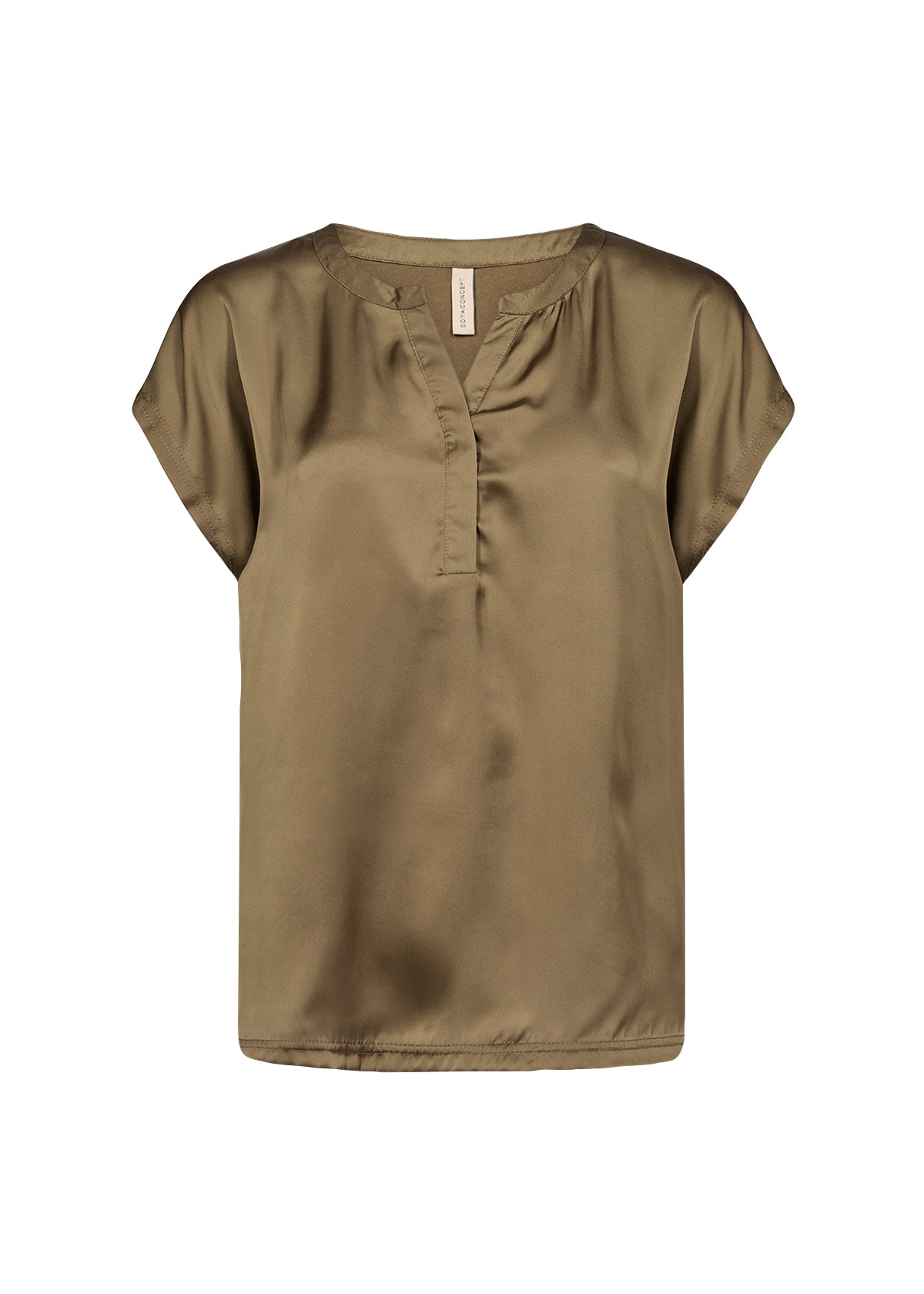 Short Sleeve Satin Top - Olive Green - V Neck