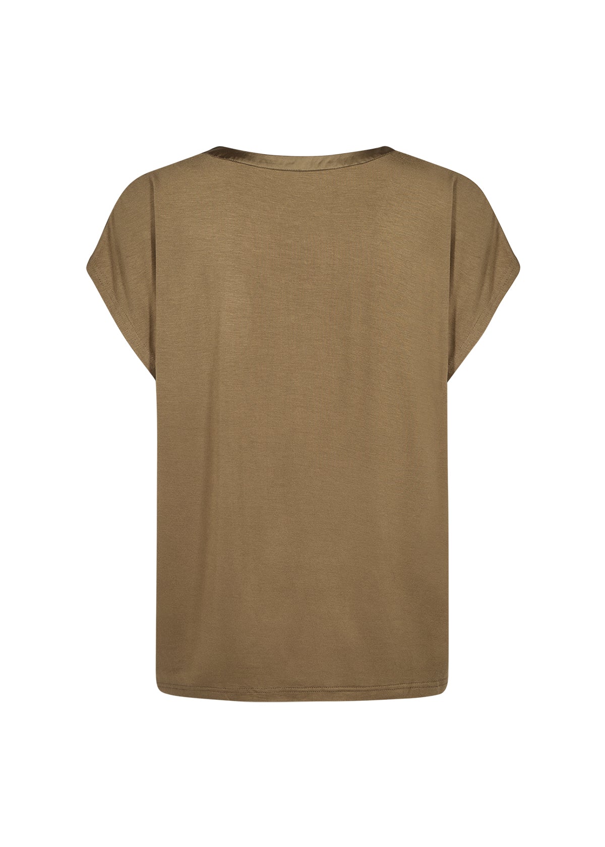 Short Sleeve Satin Top - Olive Green - V Neck