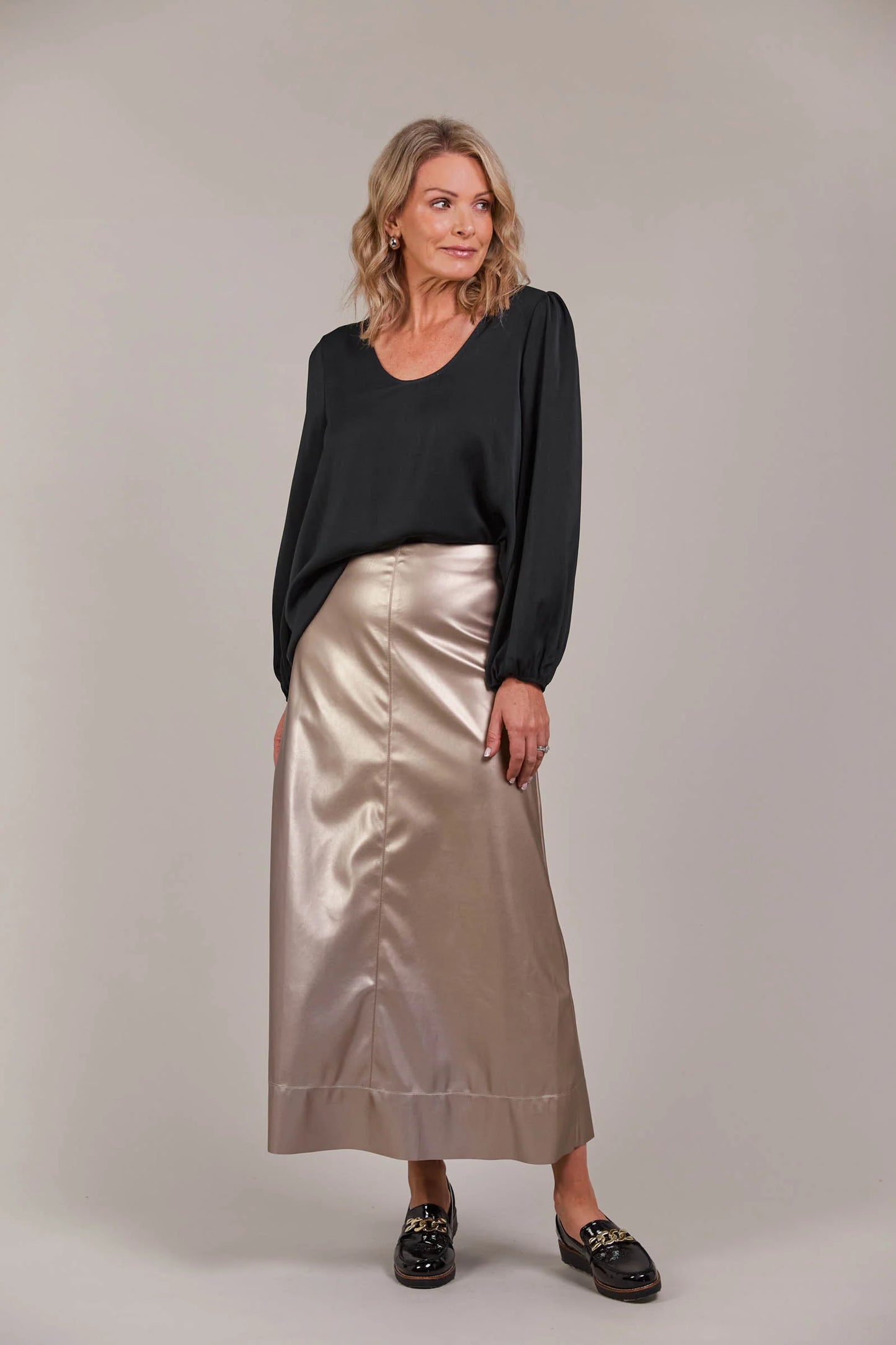 Vegan Leather A Line Maxi Skirt - Gold
