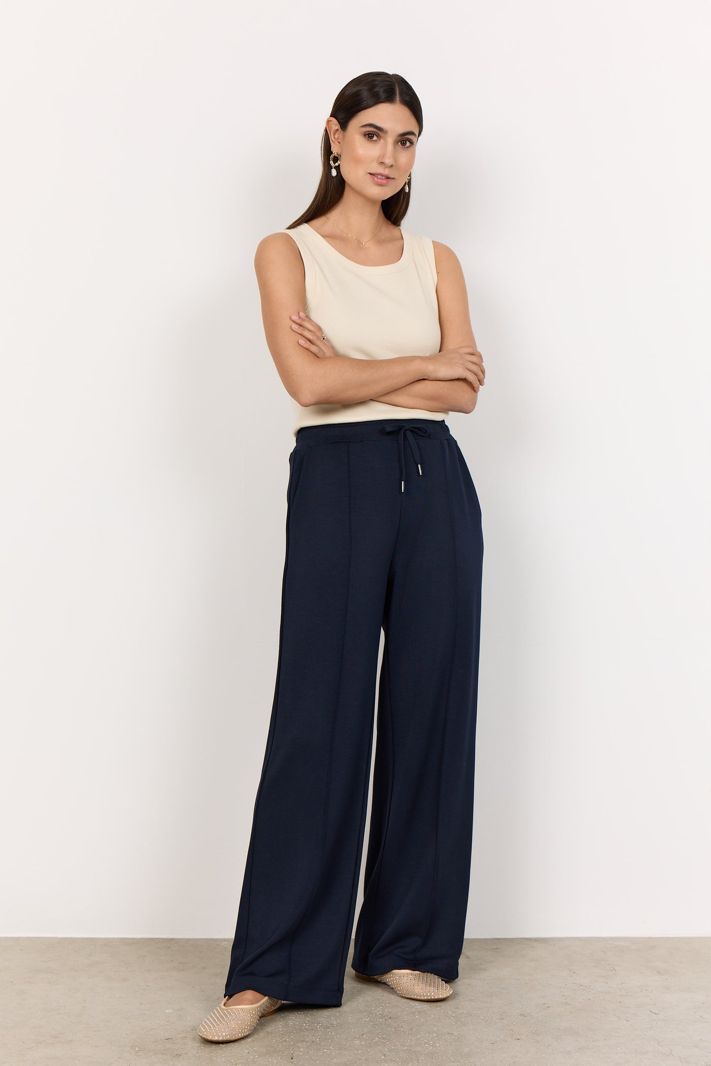 Loungewear Pants With Elasticated And Draw String Waist - Navy