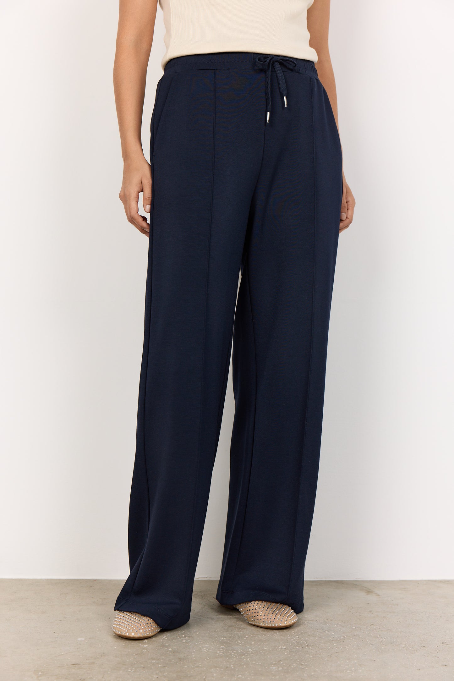 Loungewear Pants With Elasticated And Draw String Waist - Navy