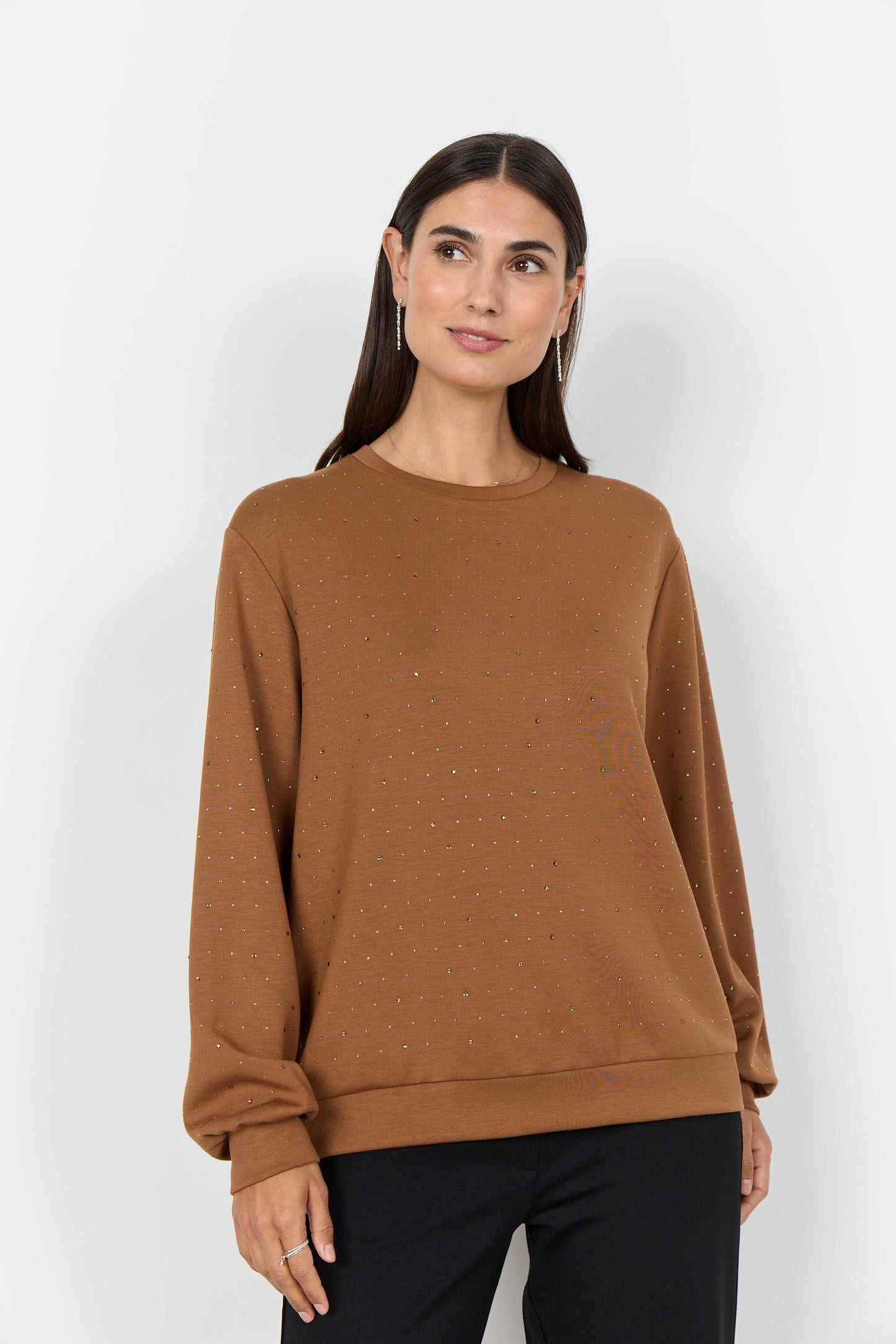 Long Sleeve Loungewear Top With Matching Colour Embellishment  - Black or Tan