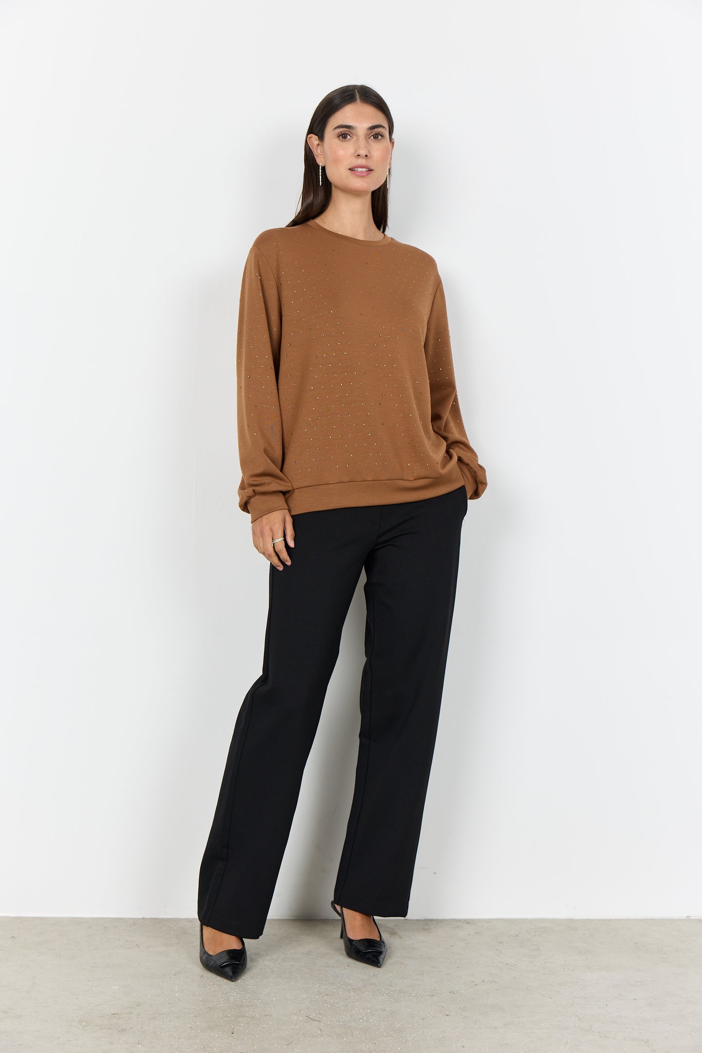 Long Sleeve Loungewear Top With Matching Colour Embellishment  - Black or Tan