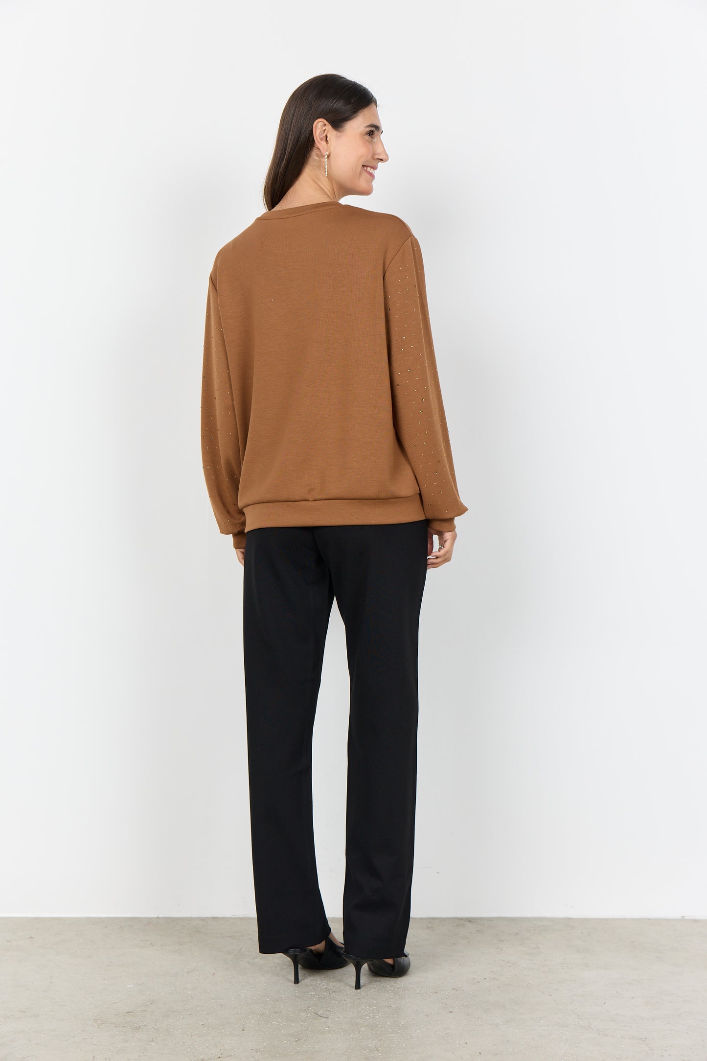Long Sleeve Loungewear Top With Matching Colour Embellishment  - Black or Tan