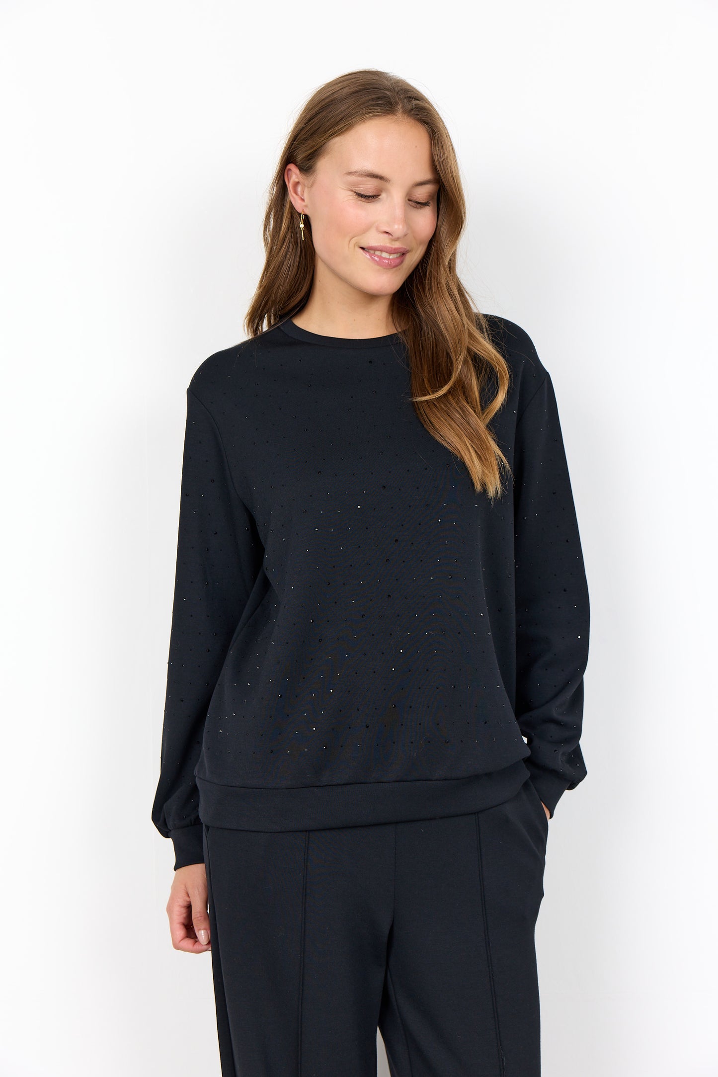 Long Sleeve Loungewear Top With Matching Colour Embellishment  - Black or Tan