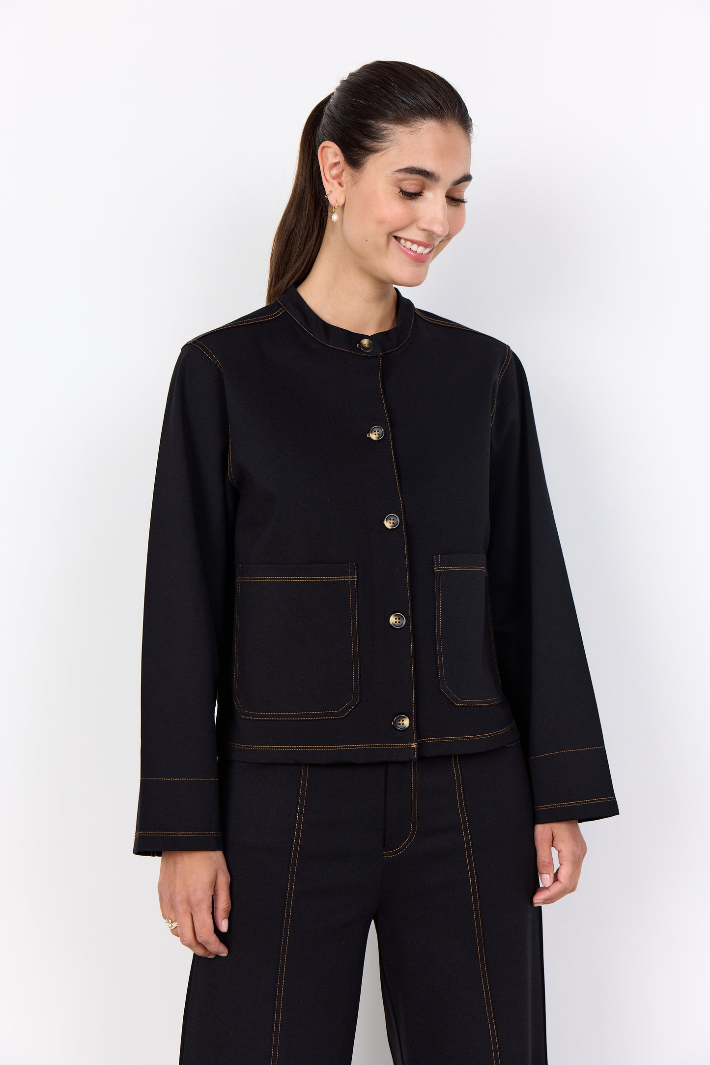 Box Jacket In Black With Contrast Stitching