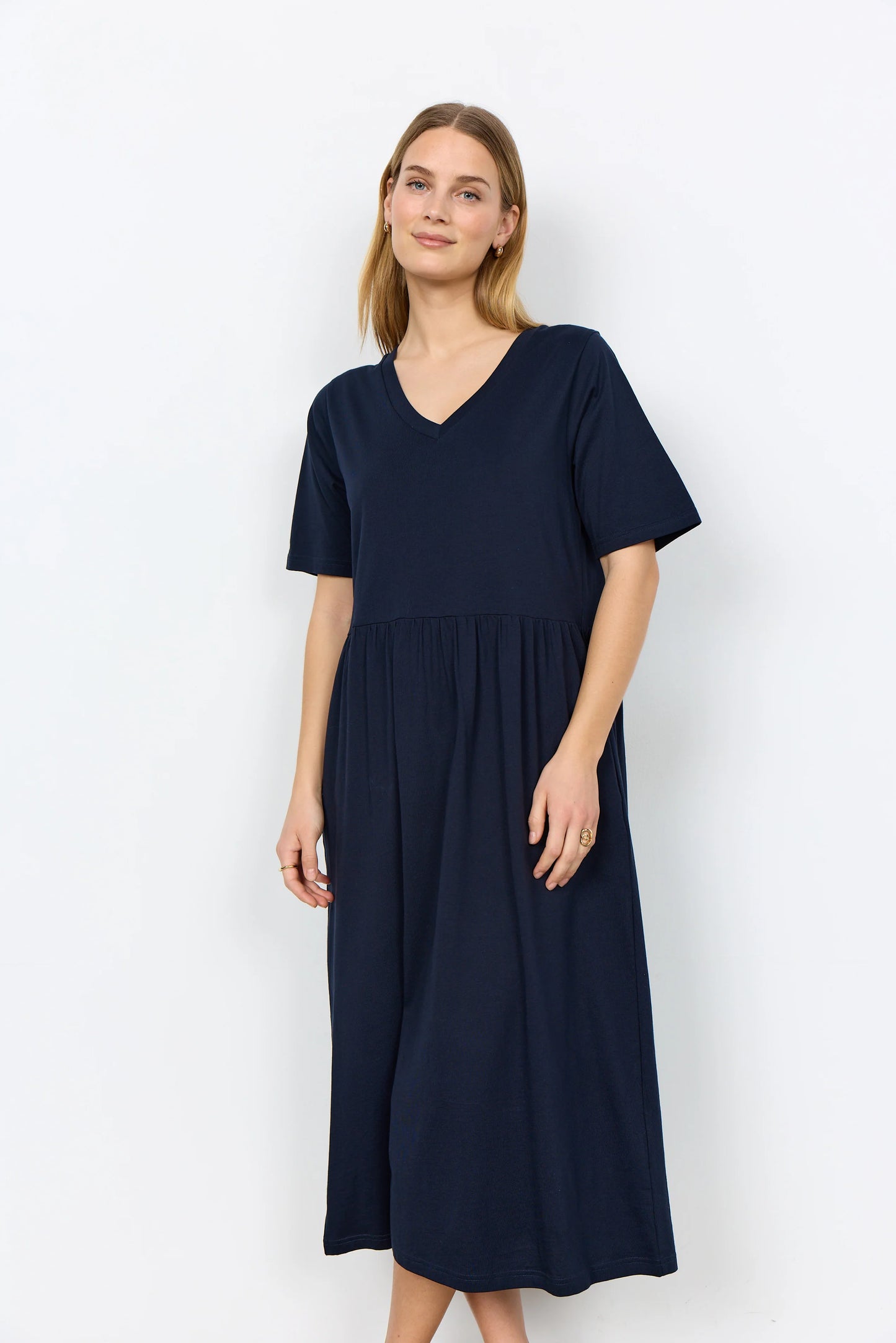 Short Sleeve V Neck Navy Jersey Dress
