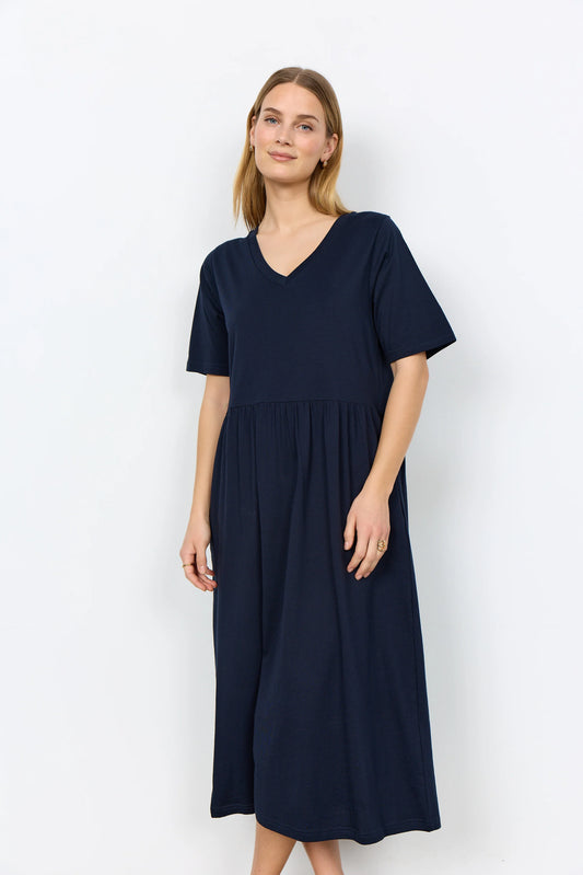 Short Sleeve V Neck Navy Jersey Dress