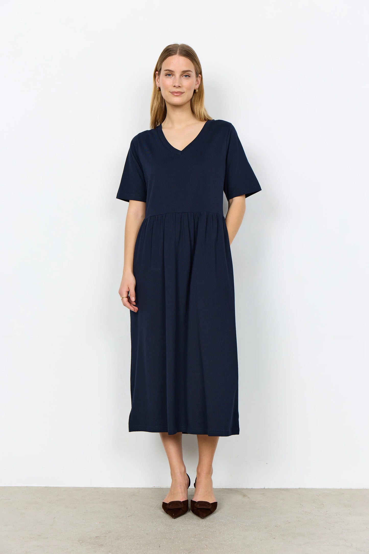 Short Sleeve V Neck Navy Jersey Dress