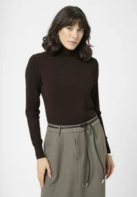 Long Sleeve Fine Knit Polo Neck - Chocolate Brown