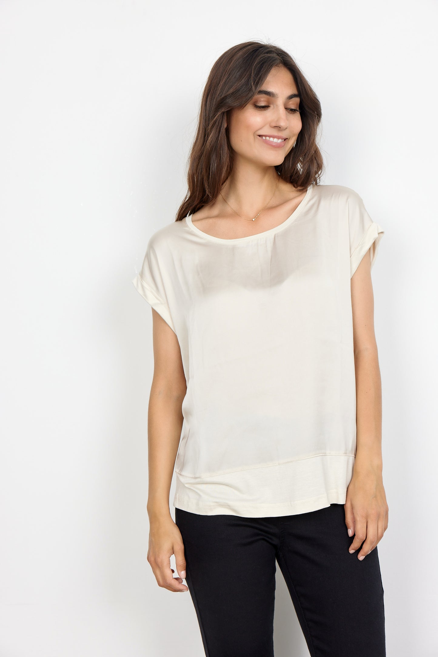 Short Sleeve Satin Top - Oyster - Round Neck