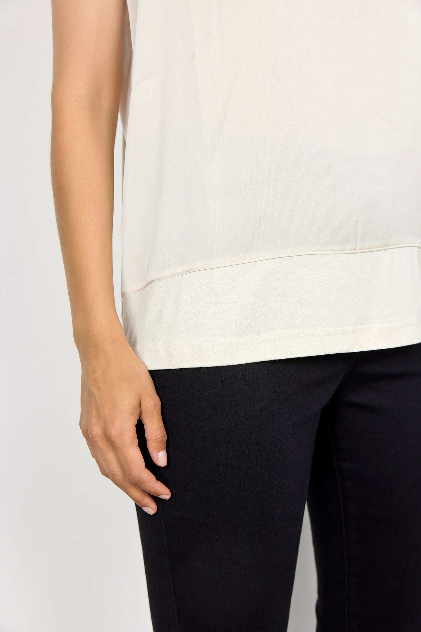 Short Sleeve Satin Top - Oyster - Round Neck