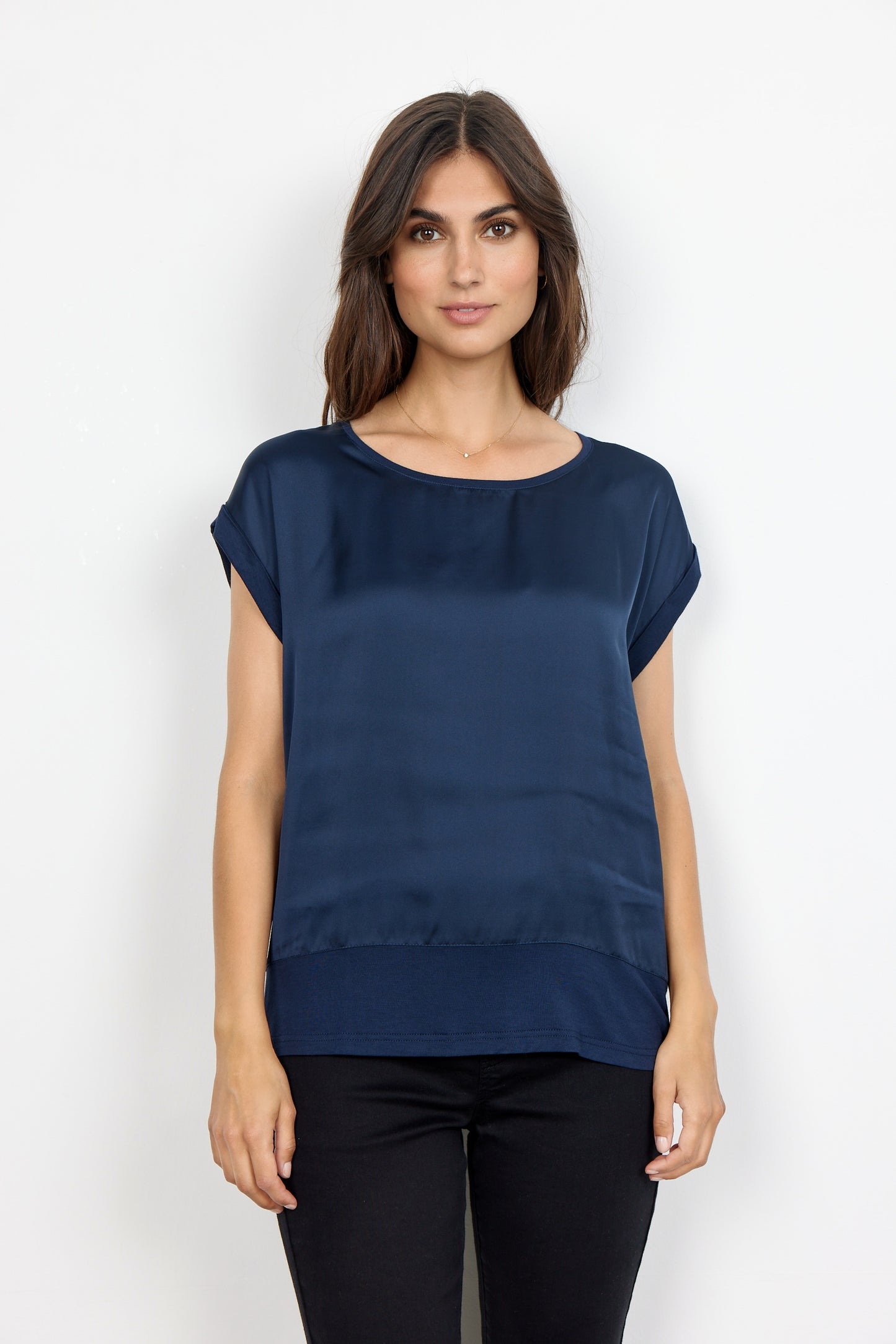 Satin Tee Shirt With Rolled Sleeves - Multiple Colours