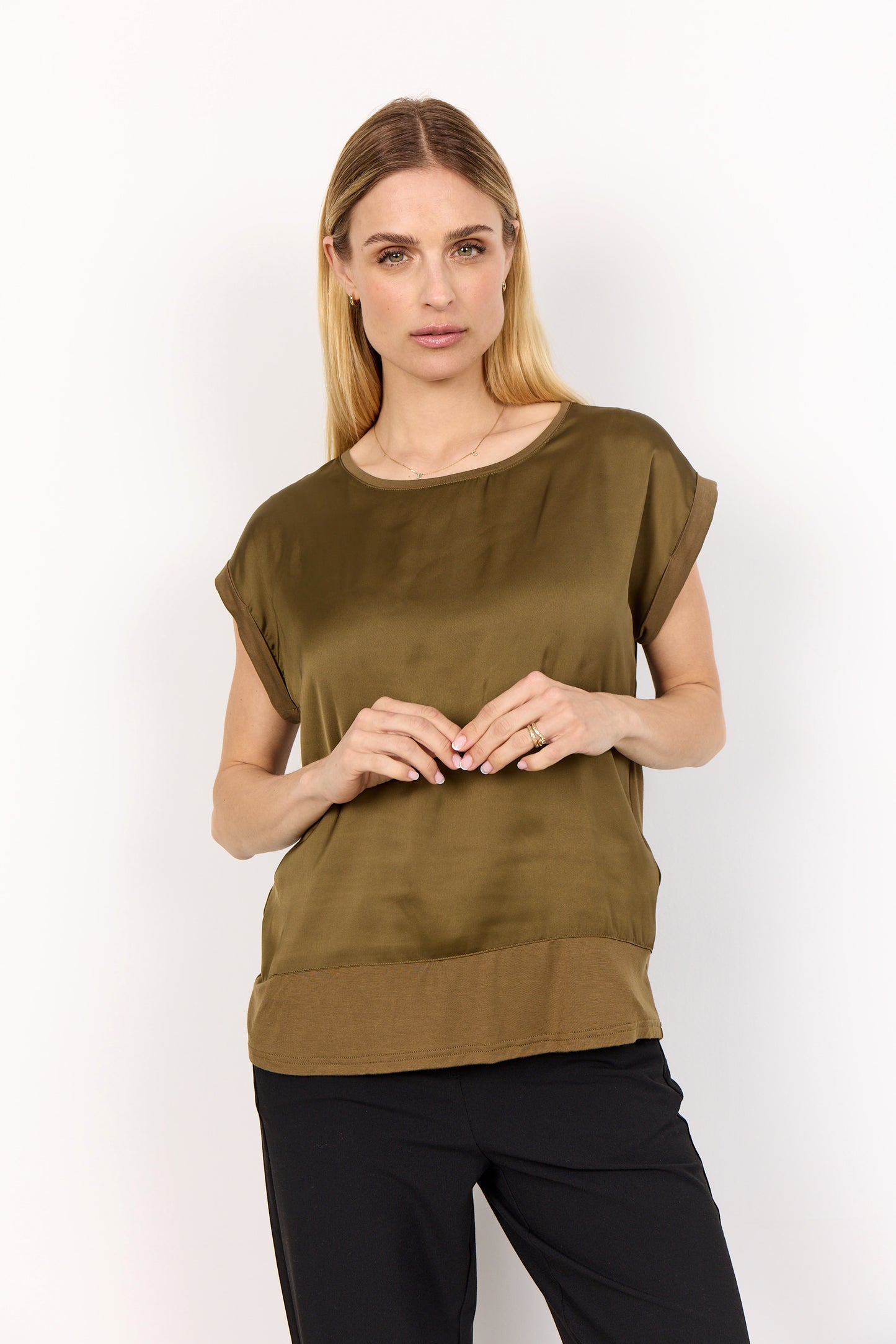 Short Sleeve Satin Top - Olive Green - Round Neck