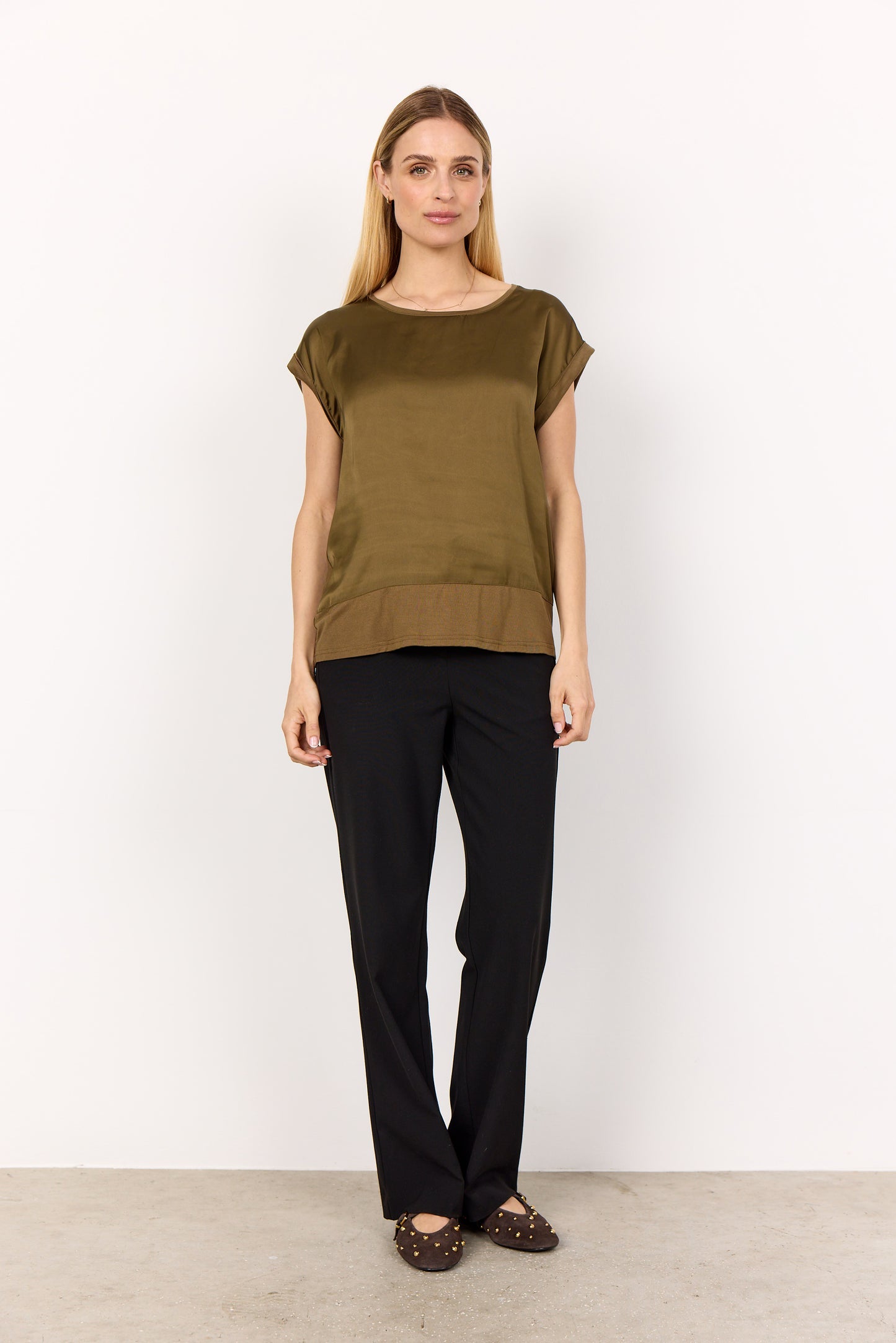 Short Sleeve Satin Top - Olive Green - Round Neck