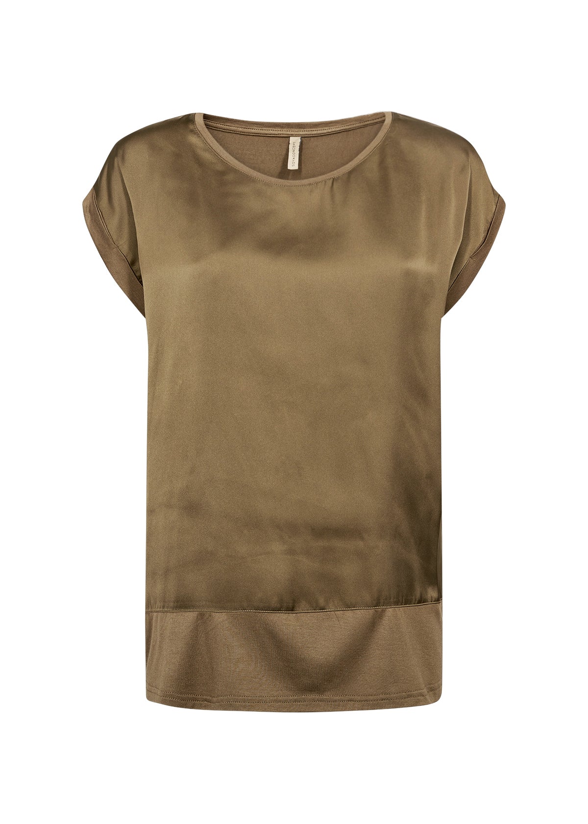 Short Sleeve Satin Top - Olive Green - Round Neck