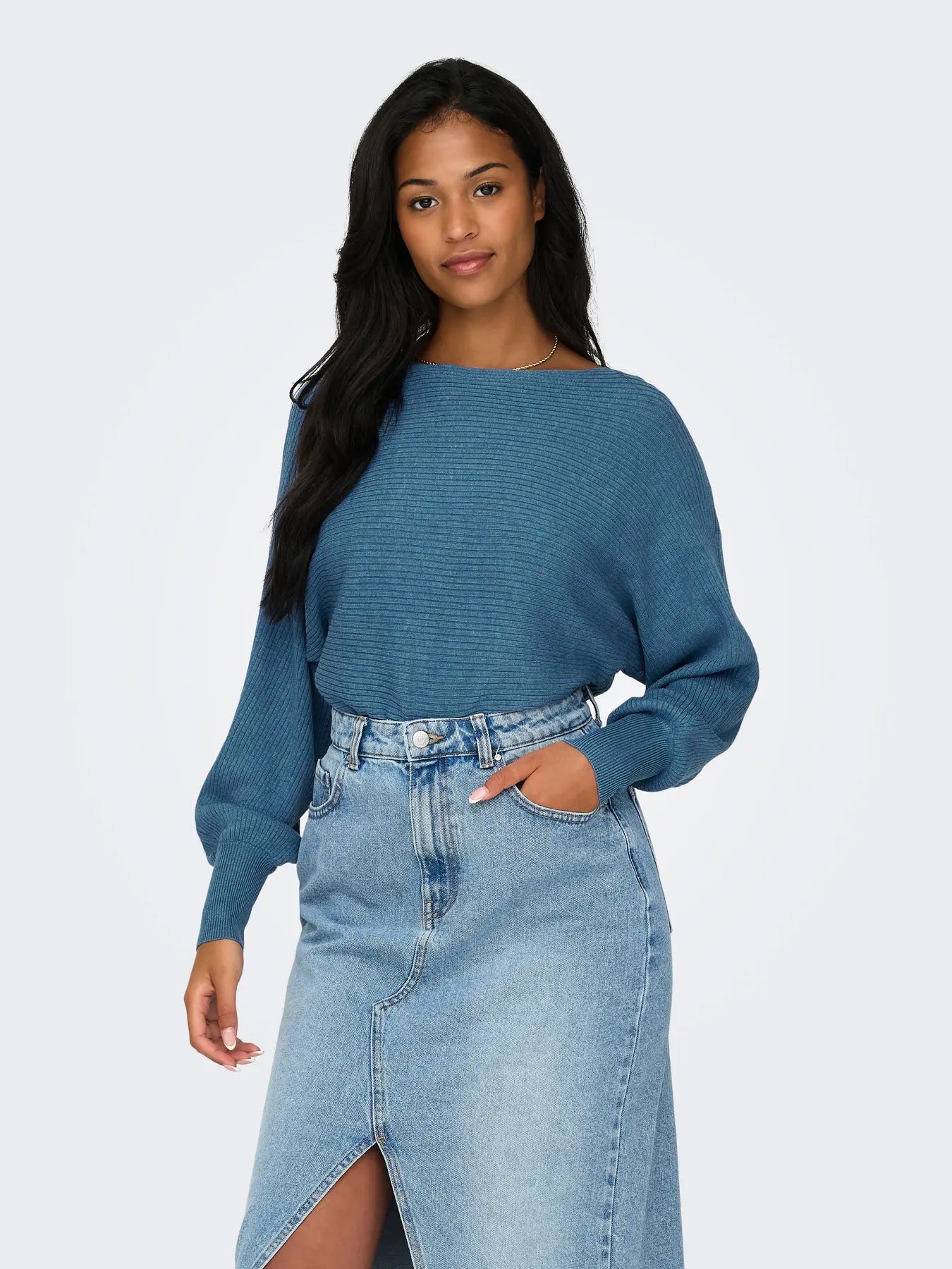 Boat Neck Batwing Sleeve Jumper - Blue