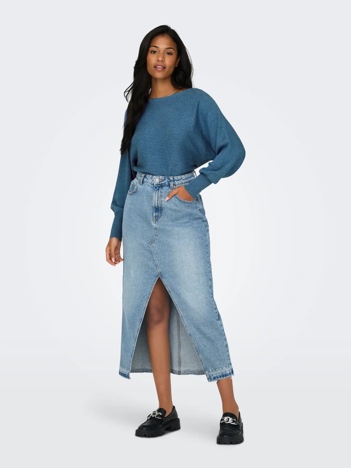 Boat Neck Batwing Sleeve Jumper - Blue