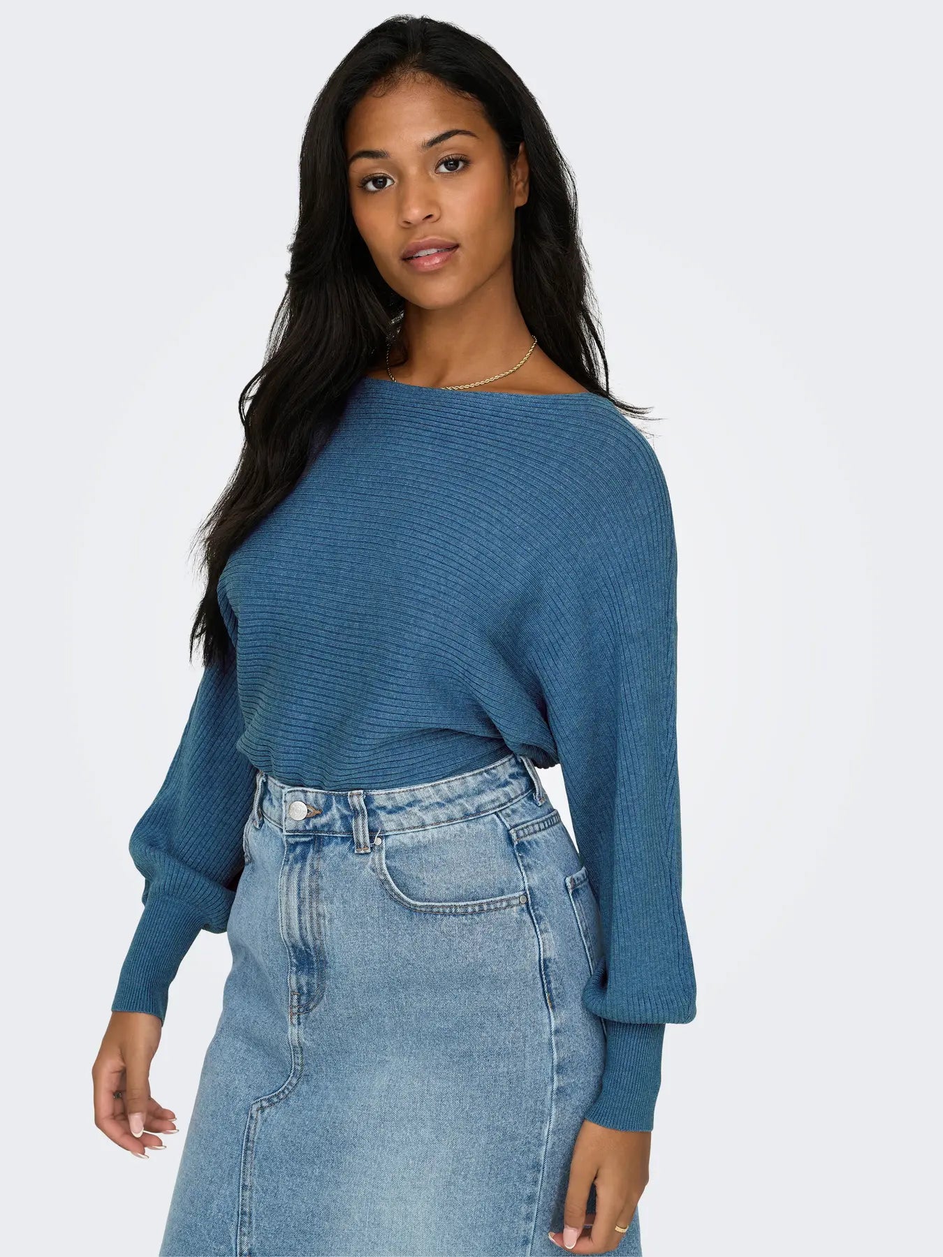 Boat Neck Batwing Sleeve Jumper - Blue