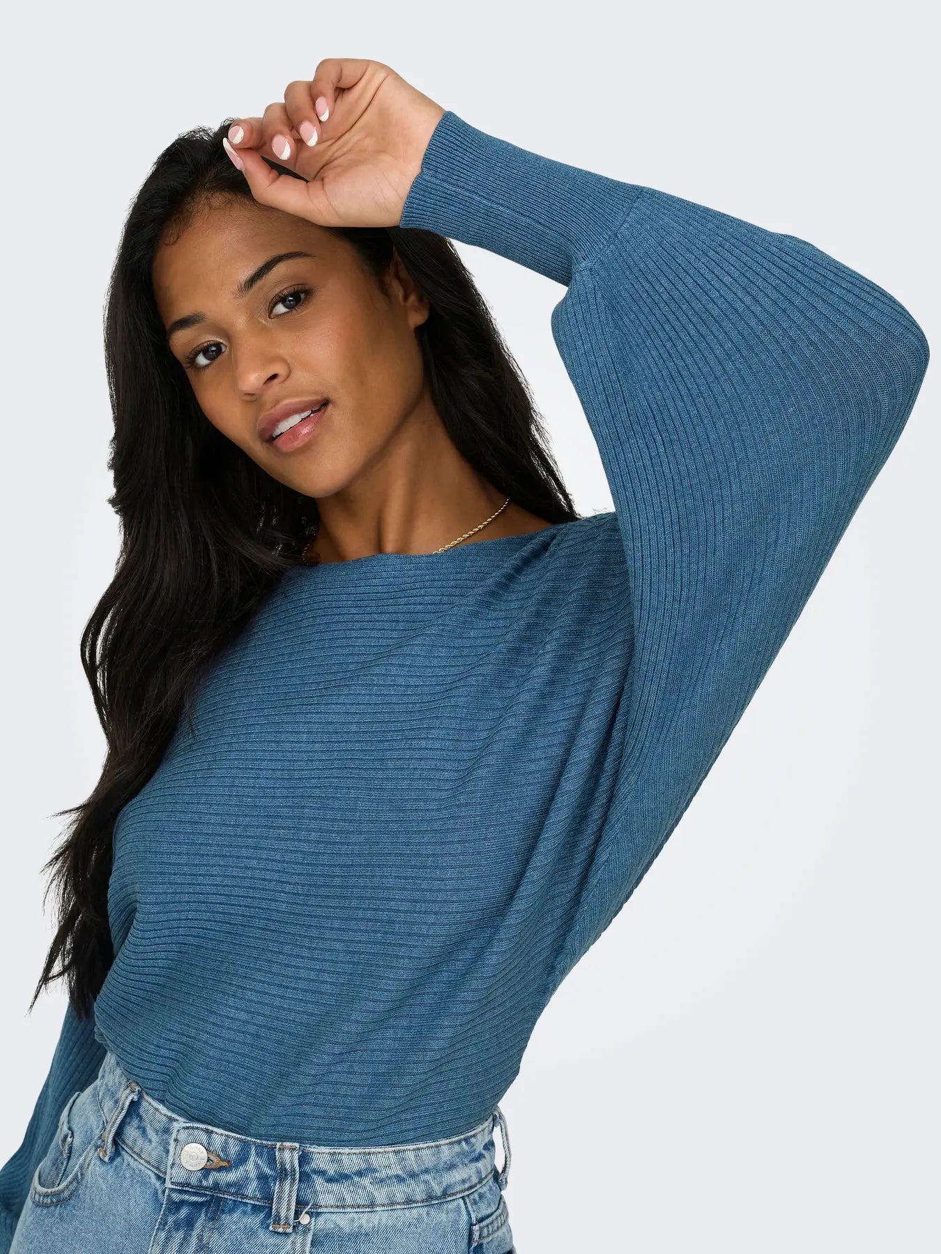 Boat Neck Batwing Sleeve Jumper - Blue