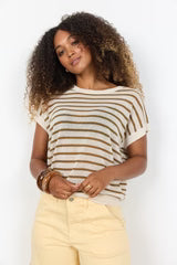 Short Sleeve Lightweight Knitted Top - Oatmeal & Black or Oatmeal & Toffee