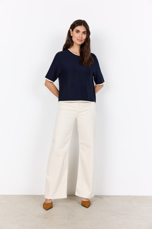 Elbow Length Pullover with Collar and Sleeve Contrast - Navy Cream / White Black