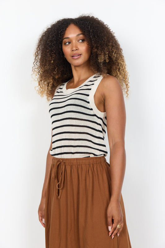 Sleeveless Stripe Lightweight Knitted Top - Oatmeal & Black or Oatmeal & Olive