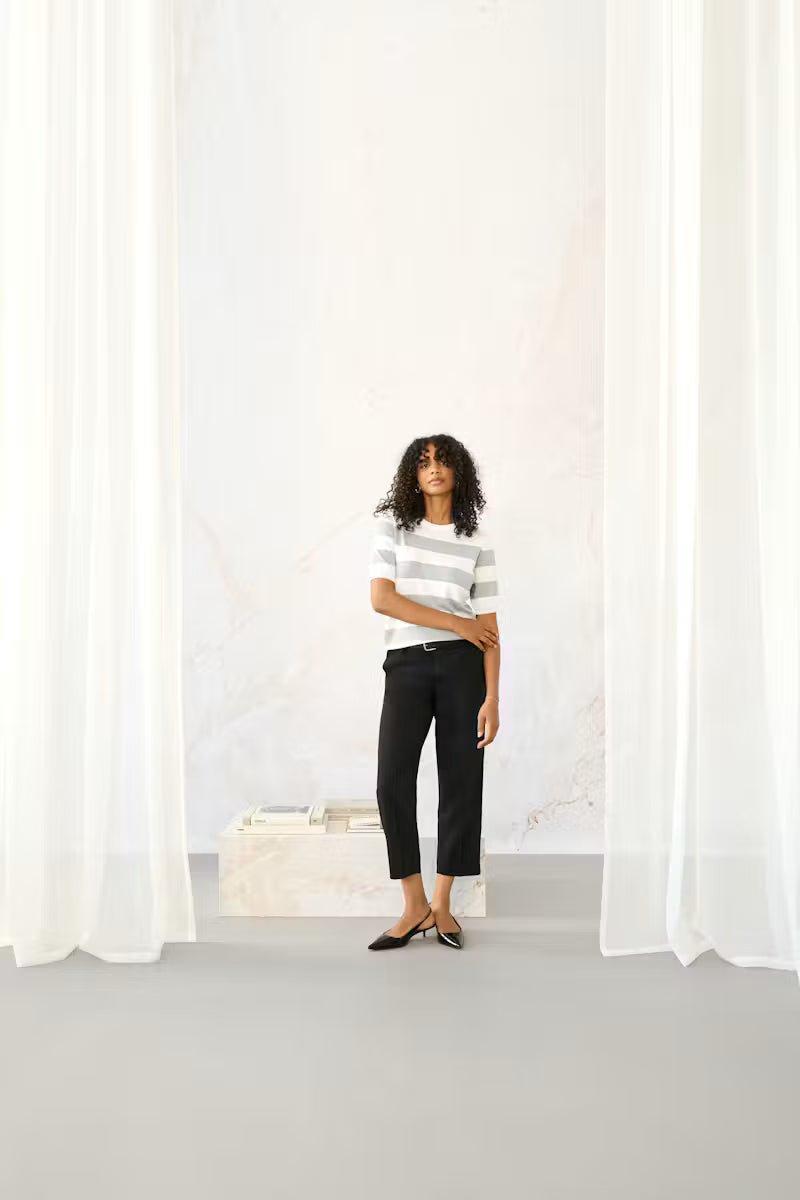 Striped Short Sleeve Fine Knit Jumper - Grey & Ivory or Brown & Ivory