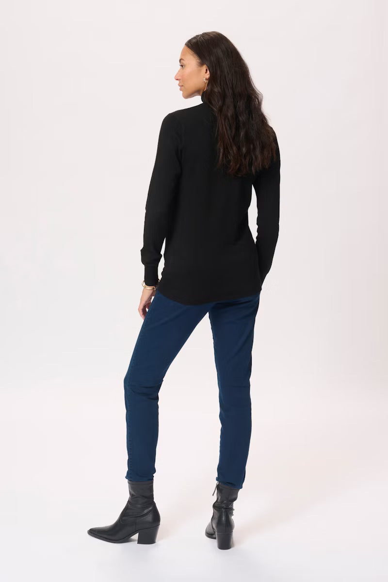 Long Sleeve Fine Knit Polo Neck - Black