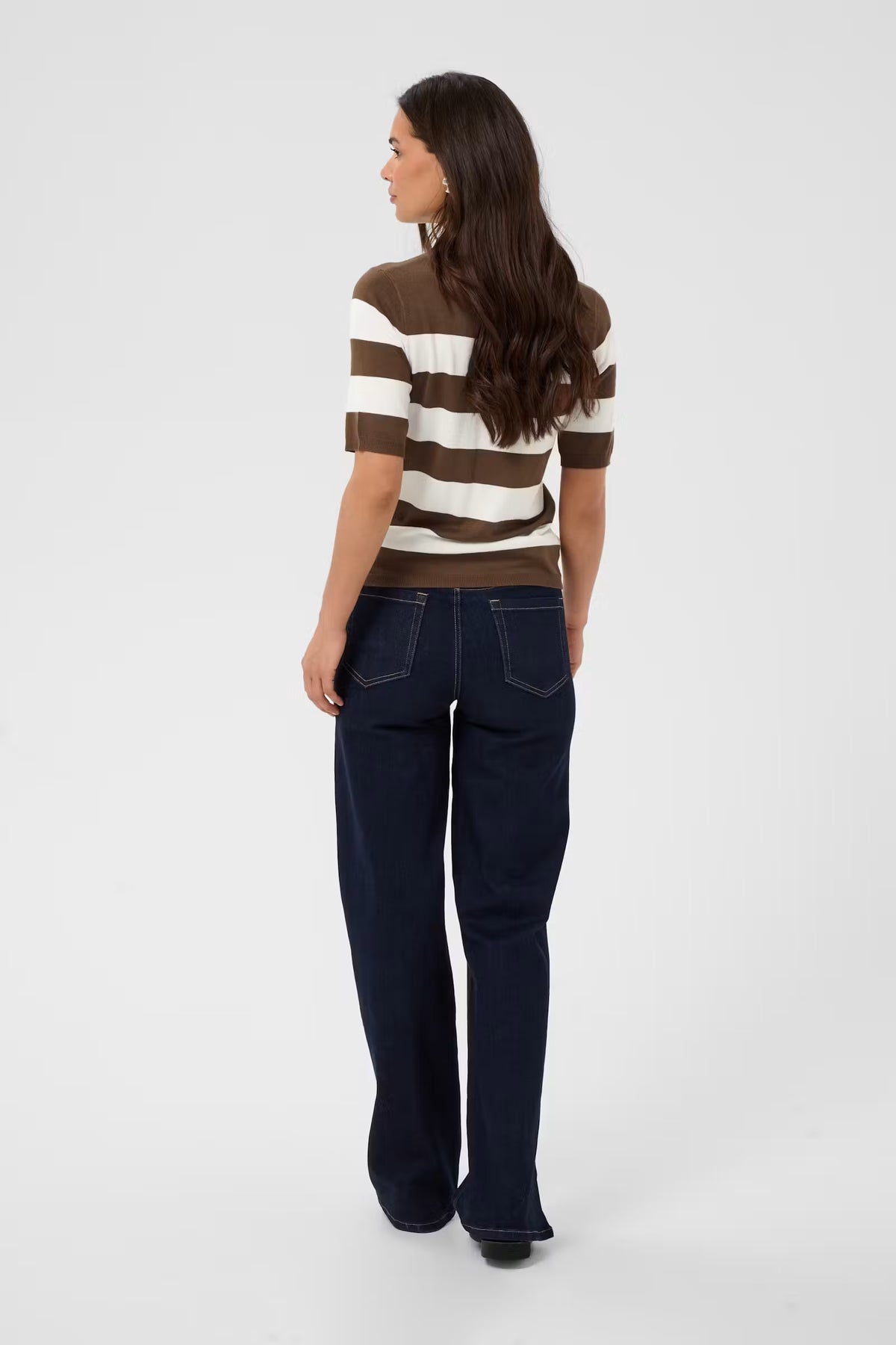 Striped Short Sleeve Fine Knit Jumper - Grey & Ivory or Brown & Ivory