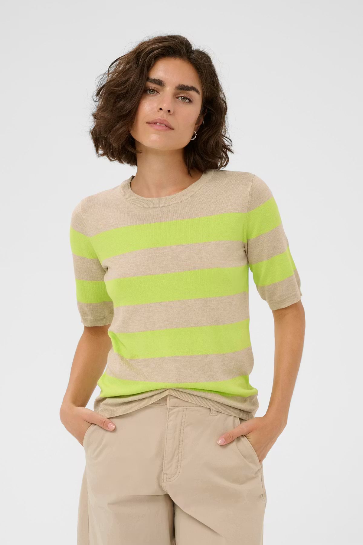 Lime & Beige Striped Long Sleeve Fine Knit Jumper