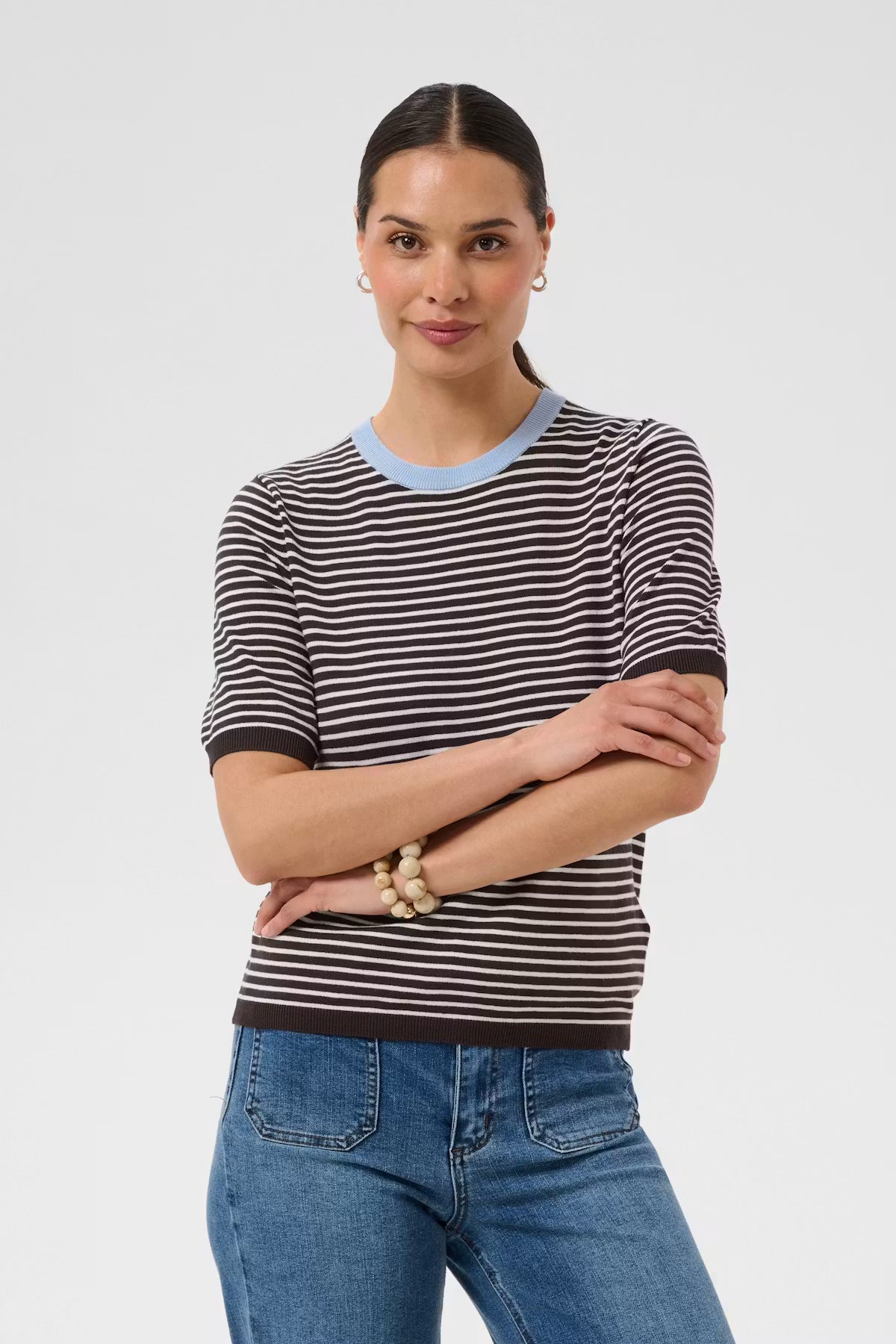 Black, White & Orange or Chocolate, Ivory & Baby Blue Short Sleeve Fine Knit Jumper