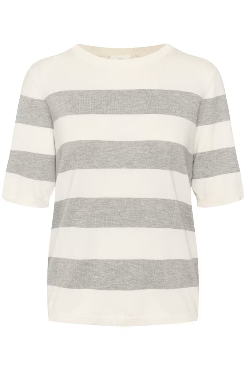 Striped Short Sleeve Fine Knit Jumper - Grey & Ivory or Brown & Ivory