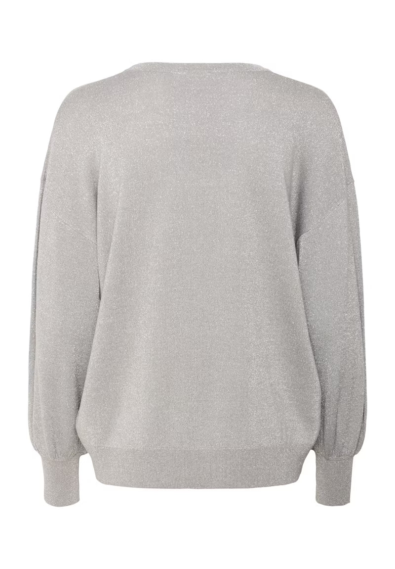 Metallic Thread Long Sleeve Fine Knit Jumper - Chalk / Silver / Red