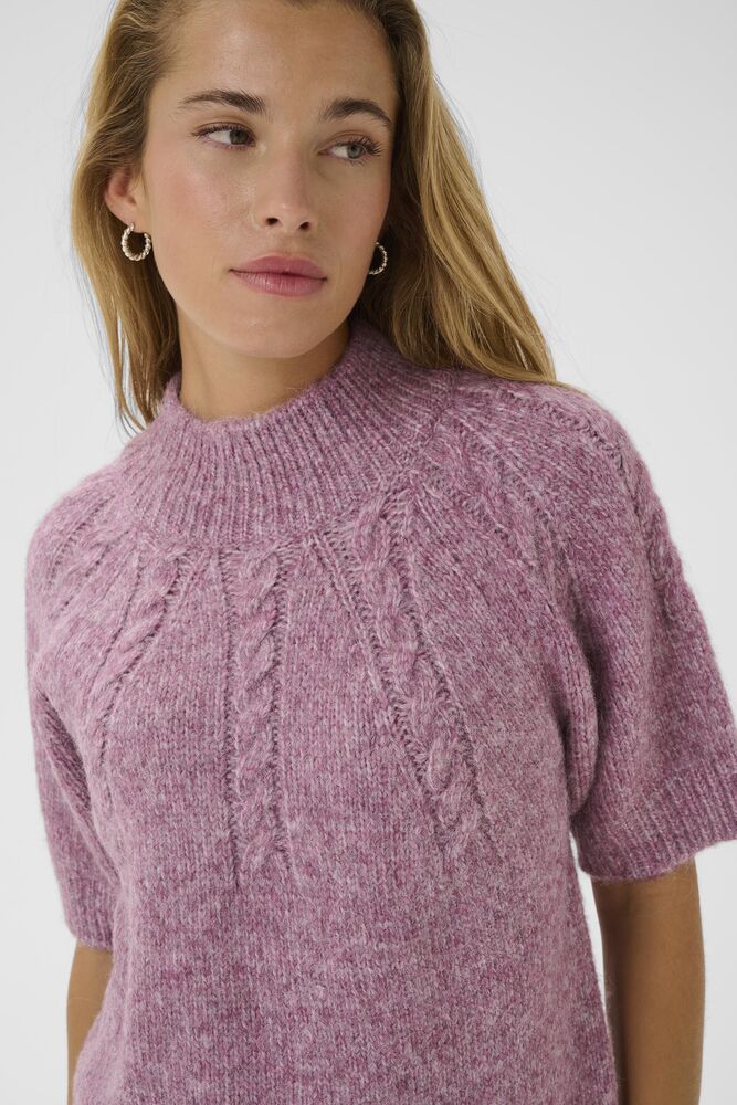 Short Sleeve Chunky Knit Melange Yarn Jumper - Wine/Pink or Brown